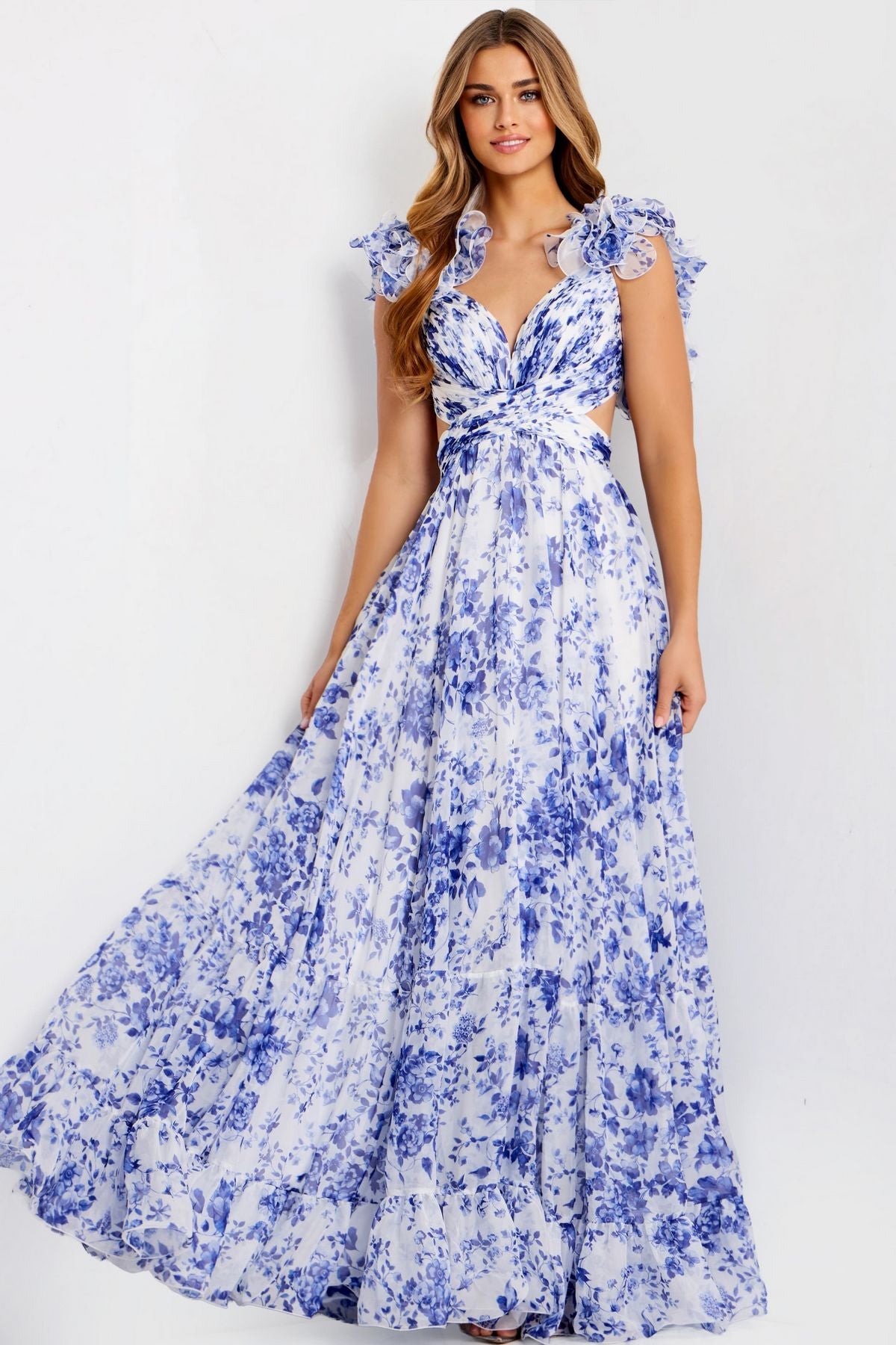 Prom Dresses A Line Long Formal Ruffle Prom Dress White/Blue