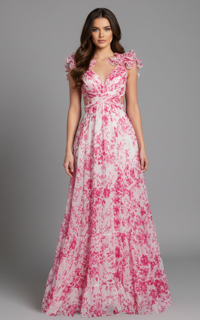 Prom Dresses A Line Long Formal Ruffle Prom Dress White/ Fuschia