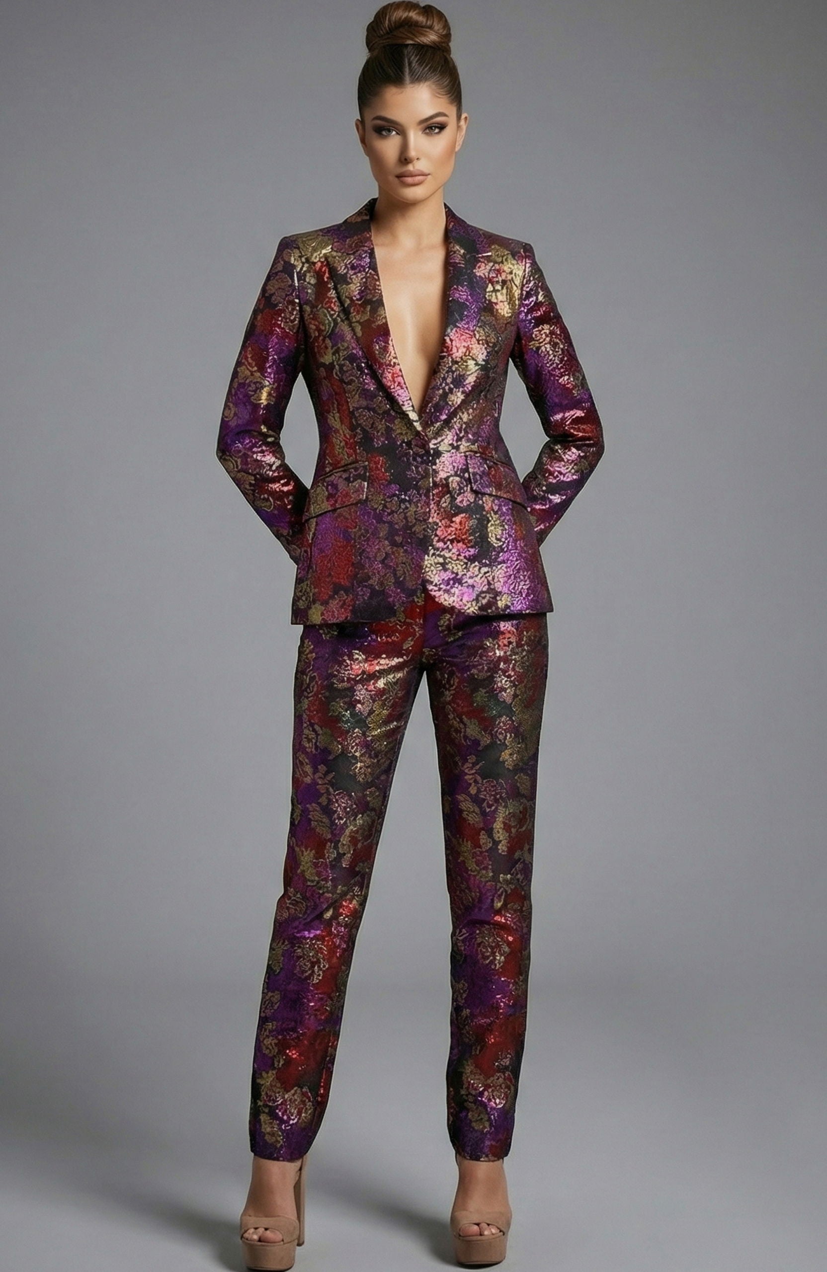 Pant Suit Long Formal Floral Metallic Pantsuit Jovani 49164 Print