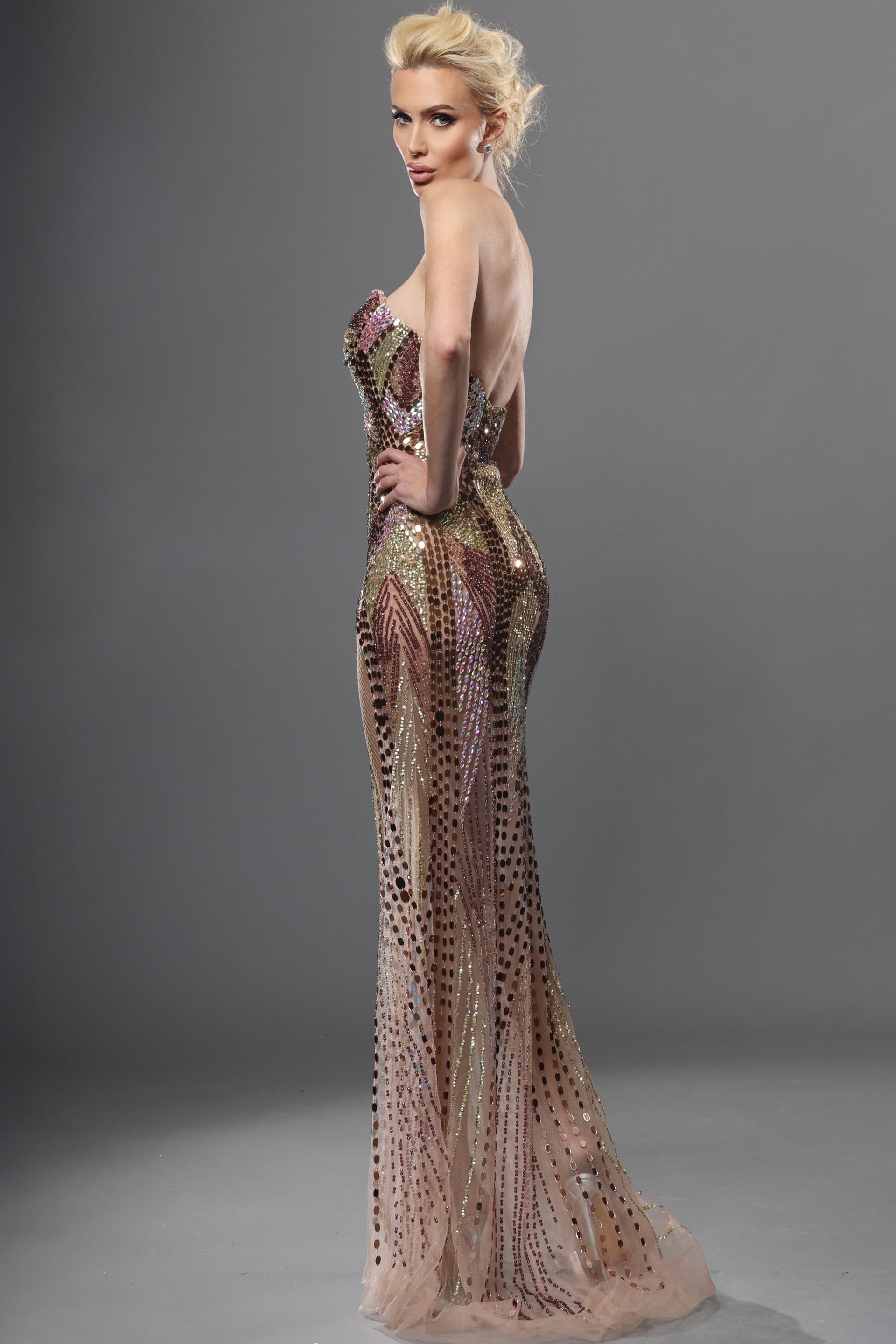 Strapless Curved Neck Floor-Length Sequin Prom Sheath Jovani 49201