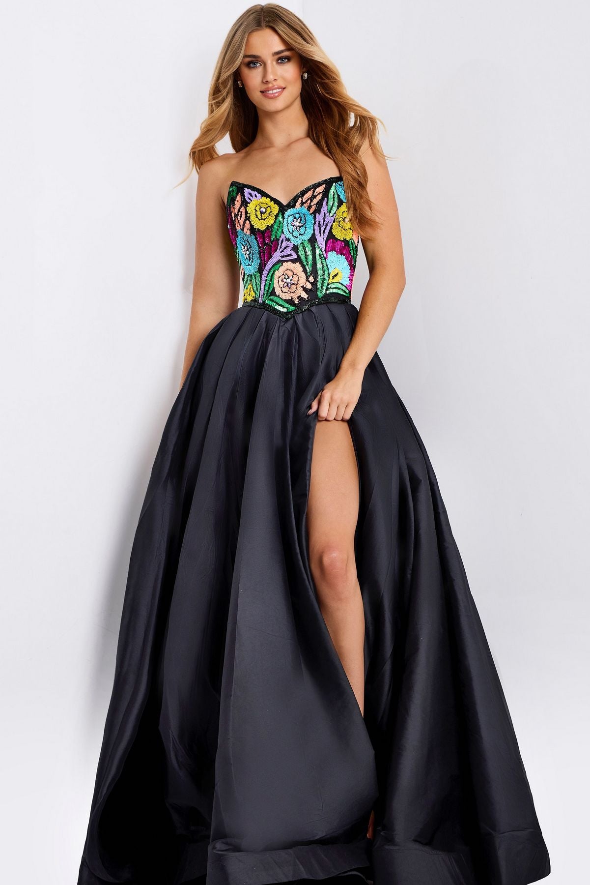 Prom Dresses Ball Gown Long Formal Floral Beaded Prom Dress Black/Multi