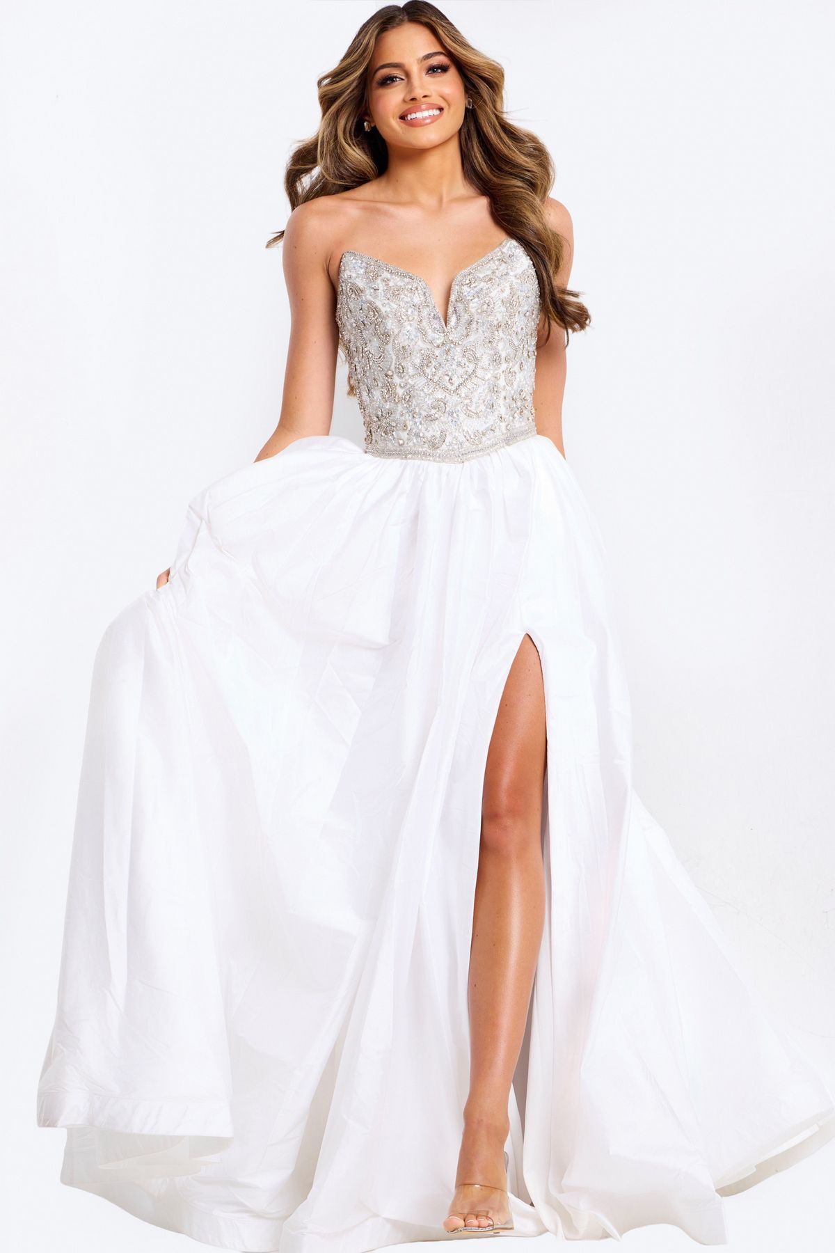 Prom Dresses Long Formal Beaded A Line Evening Prom Dress White/Silver
