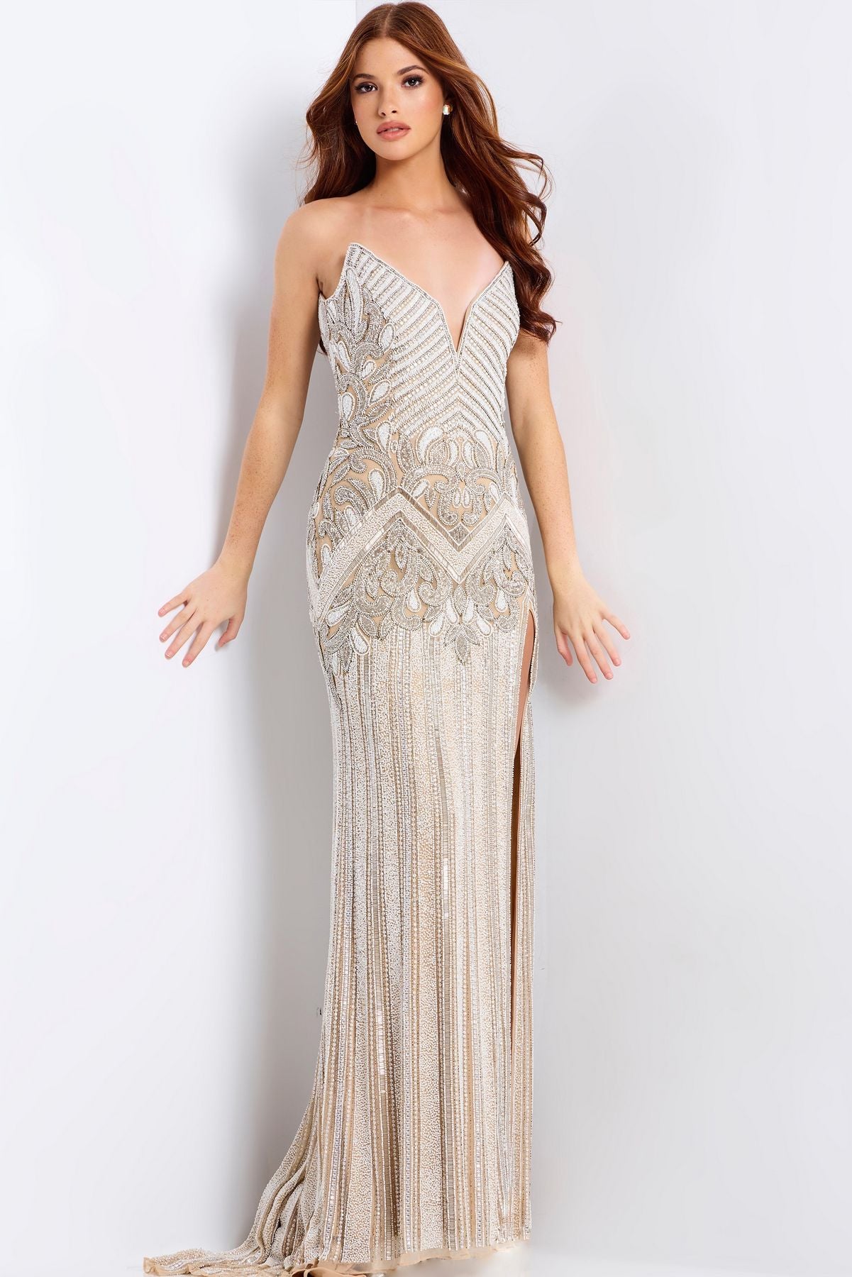 Prom Dresses Long Formal Mermaid Beaded Floral Prom Dress Nude/Silver/White