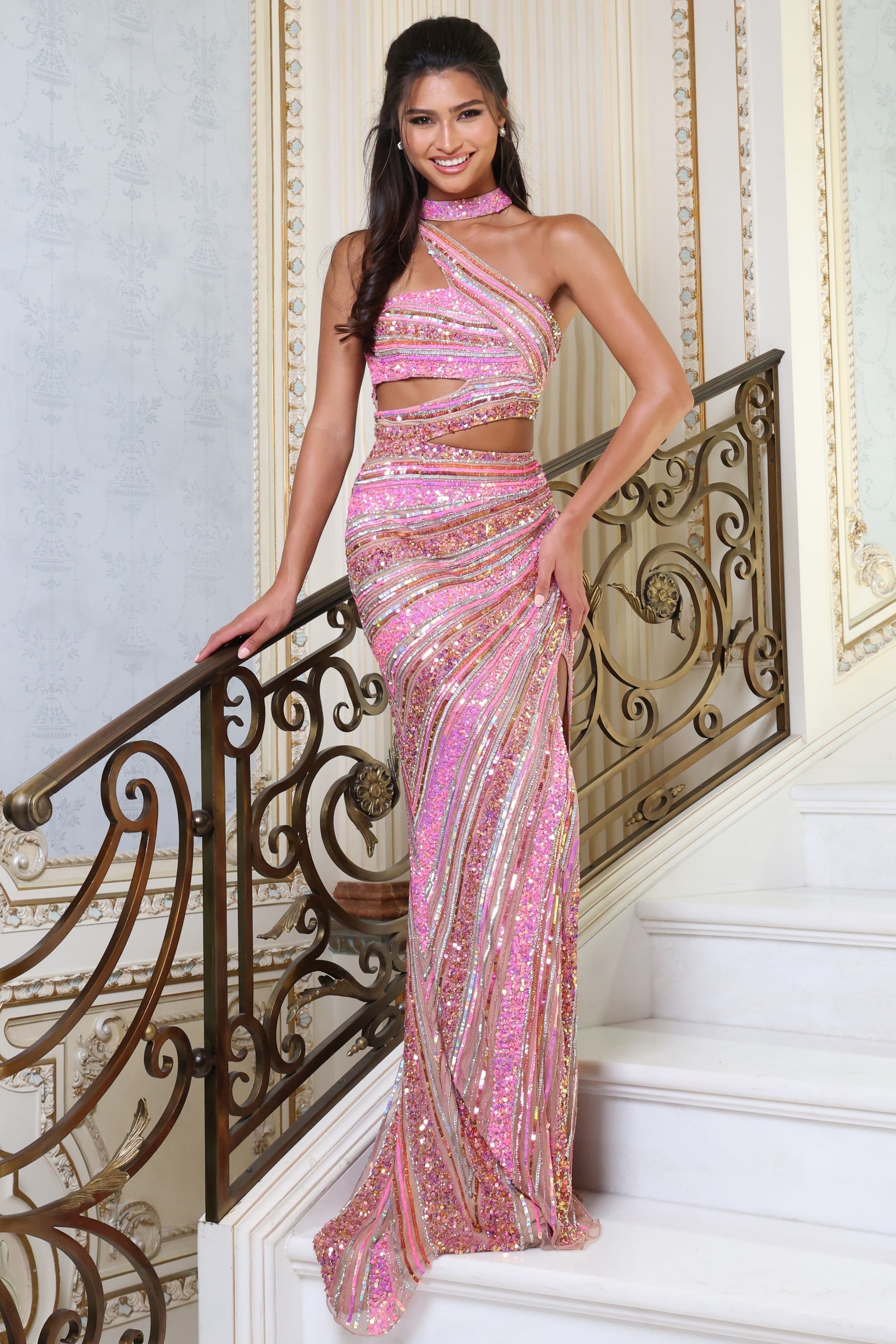 Prom Dresses Fitted Long Formal Sequin Prom Dress Pink Multi