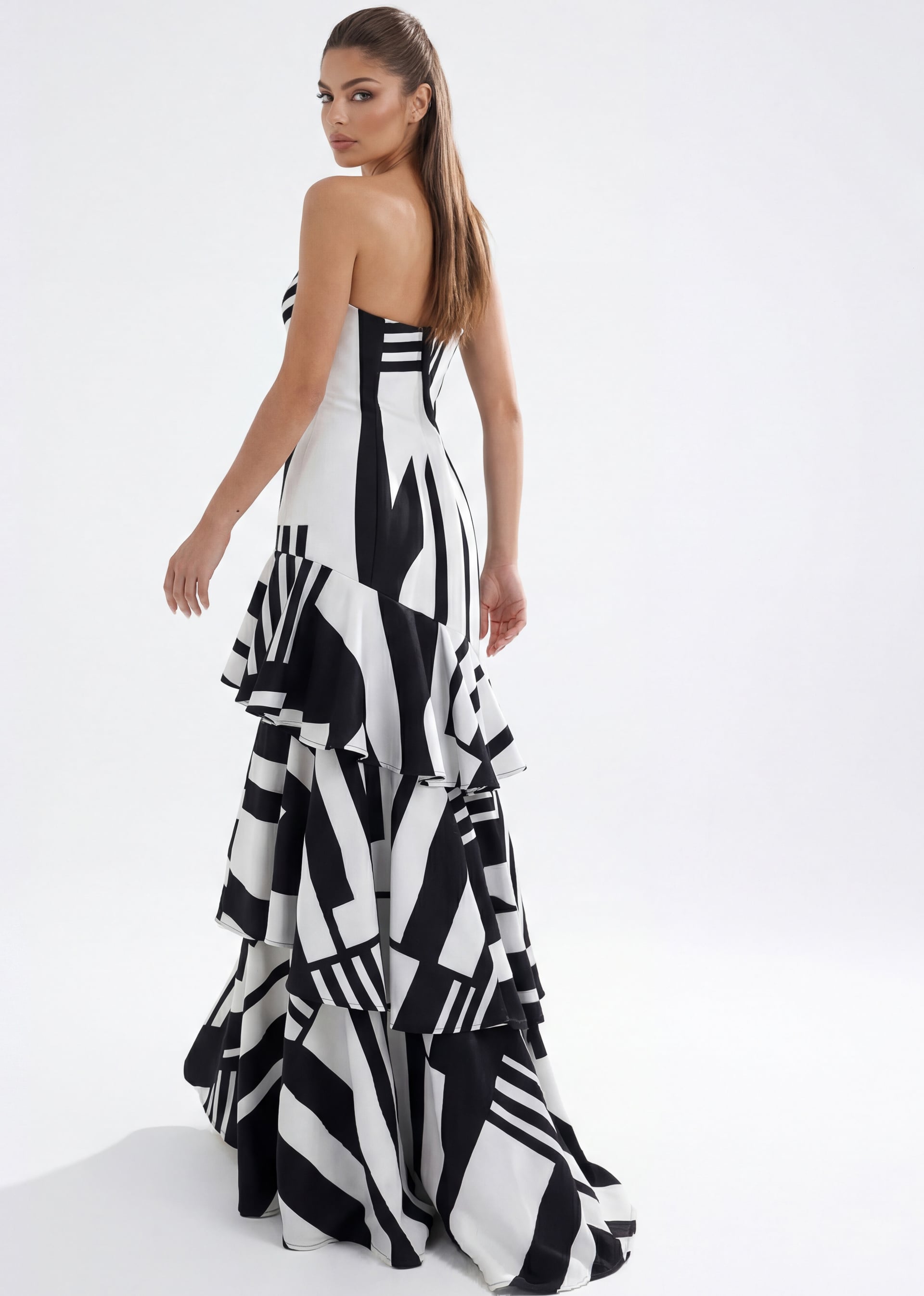 Black/White Strapless Floor-Length Printed Satin Formal Gown with Tiered Ruffle Skirt Jovani 49317