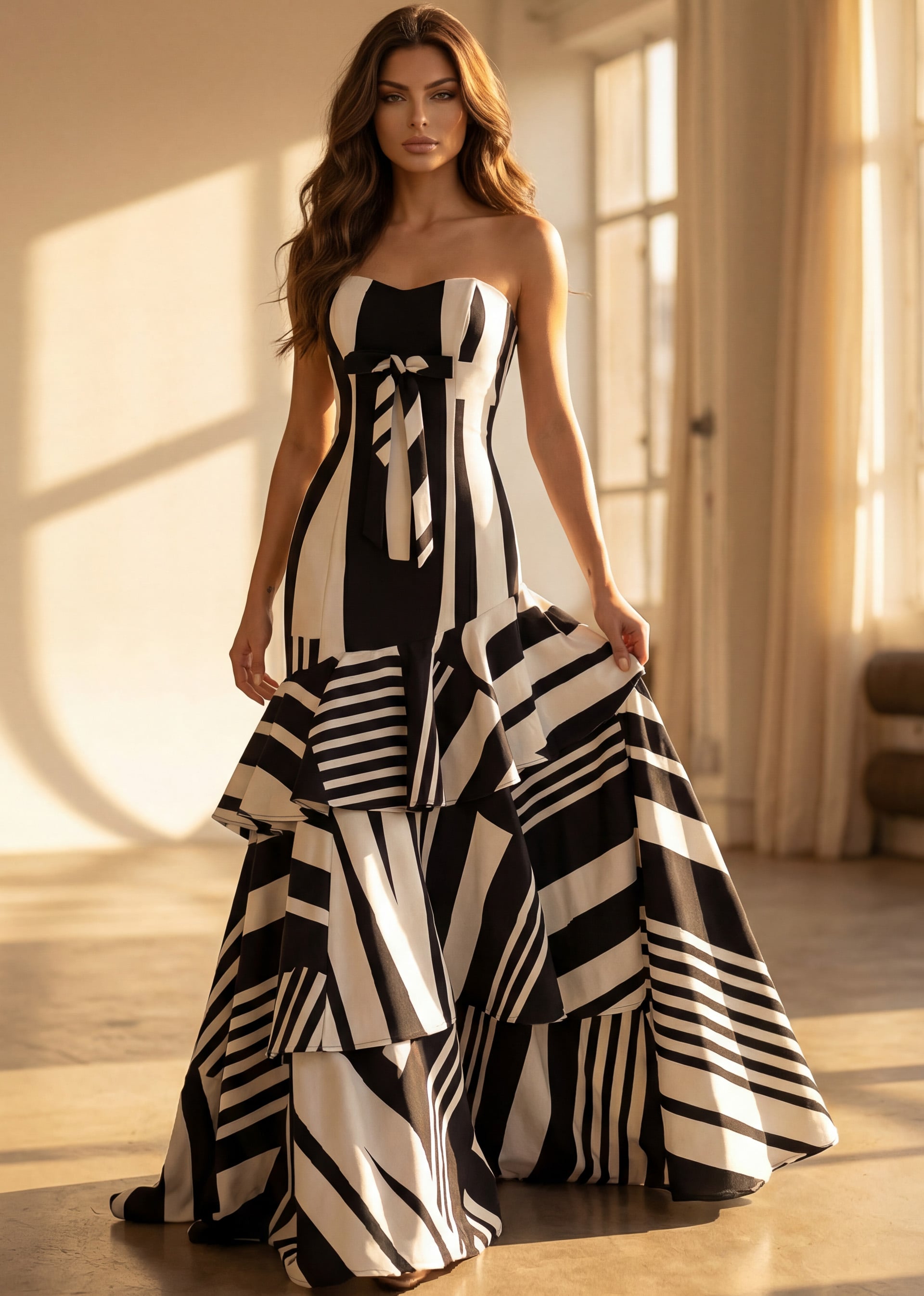 Strapless Floor-Length Printed Satin Formal Gown with Tiered Ruffle Skirt Jovani 49317