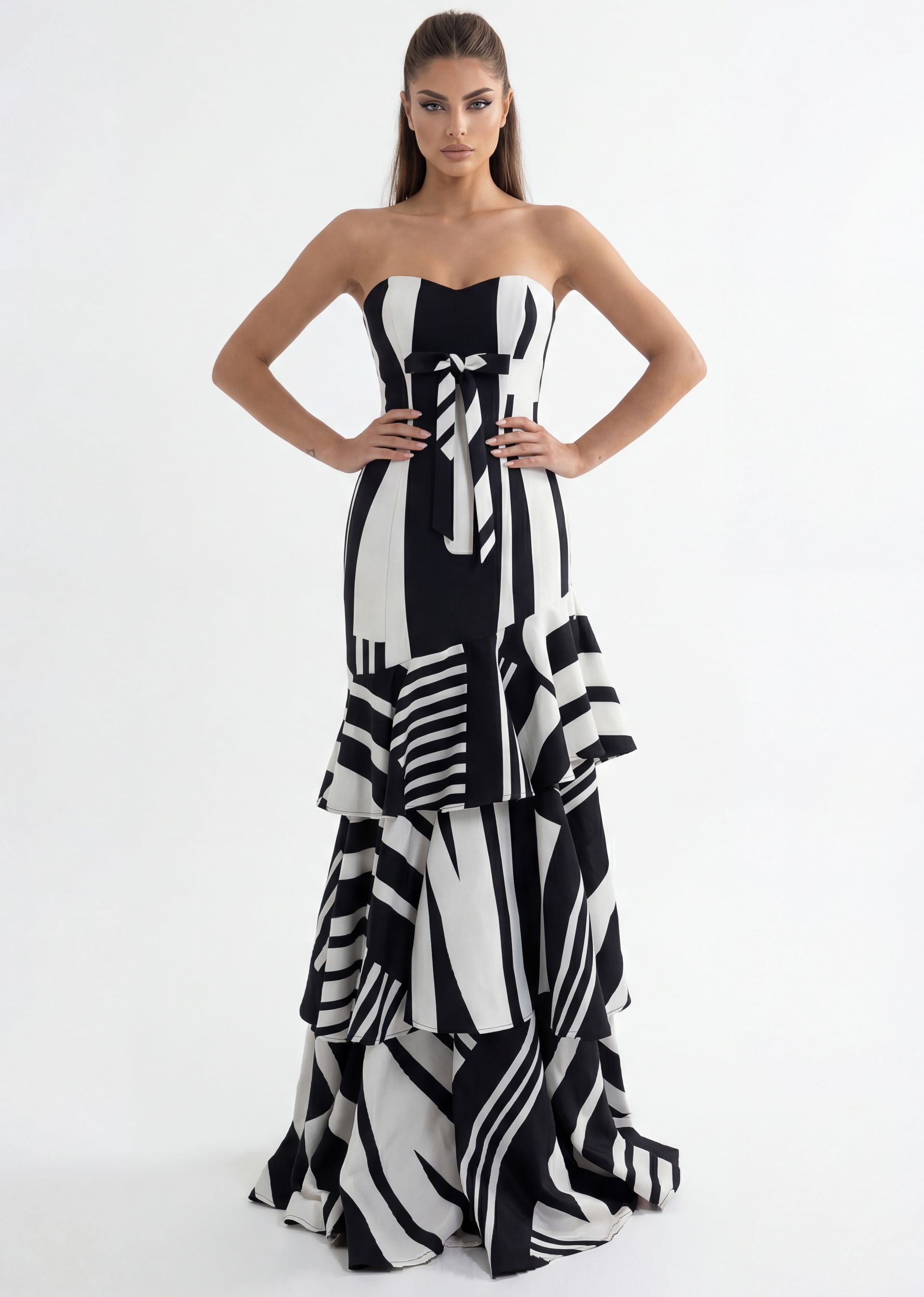 Black/White Strapless Floor-Length Printed Satin Formal Gown with Tiered Ruffle Skirt Jovani 49317