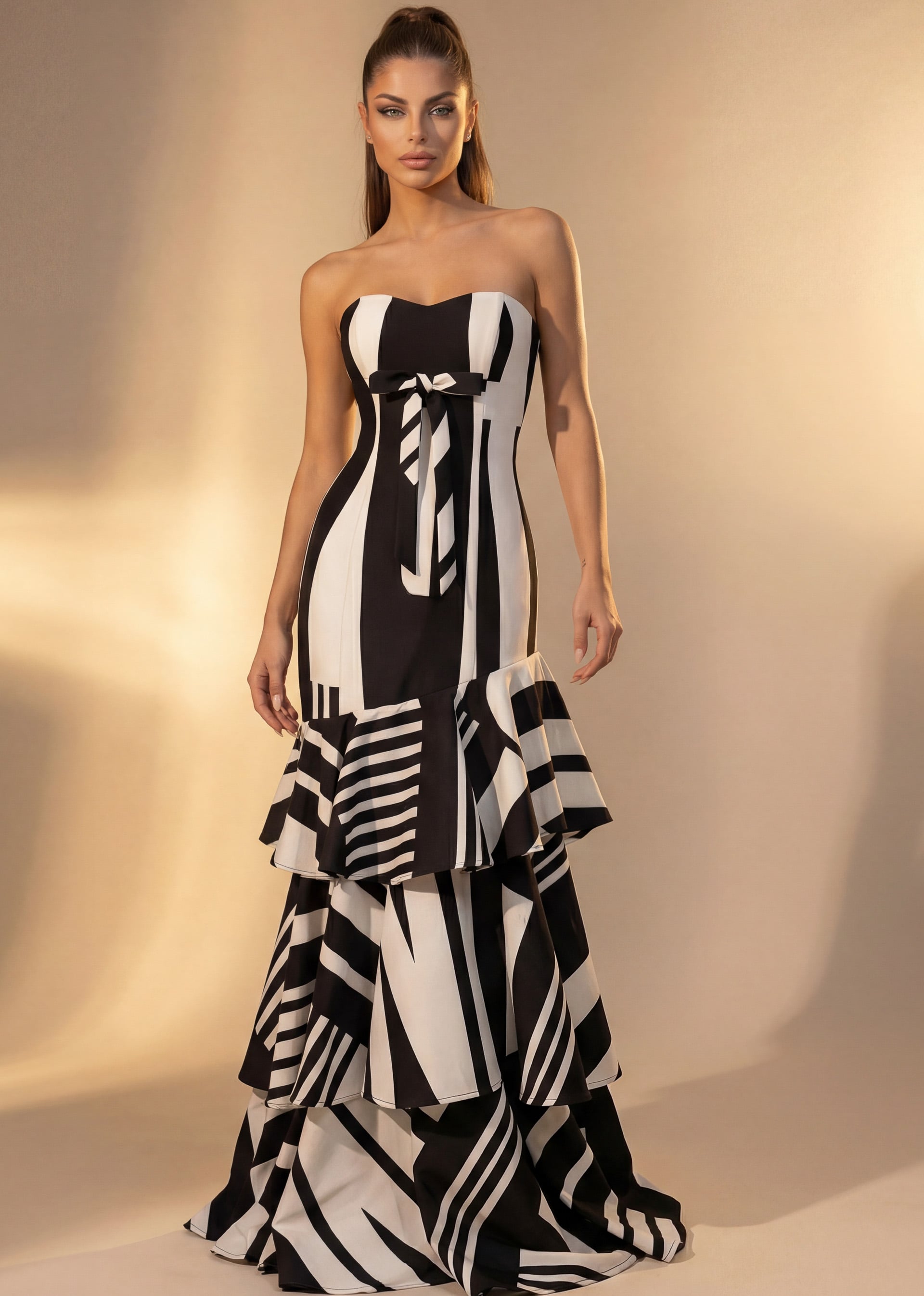Black/White Strapless Floor-Length Printed Satin Formal Gown with Tiered Ruffle Skirt Jovani 49317