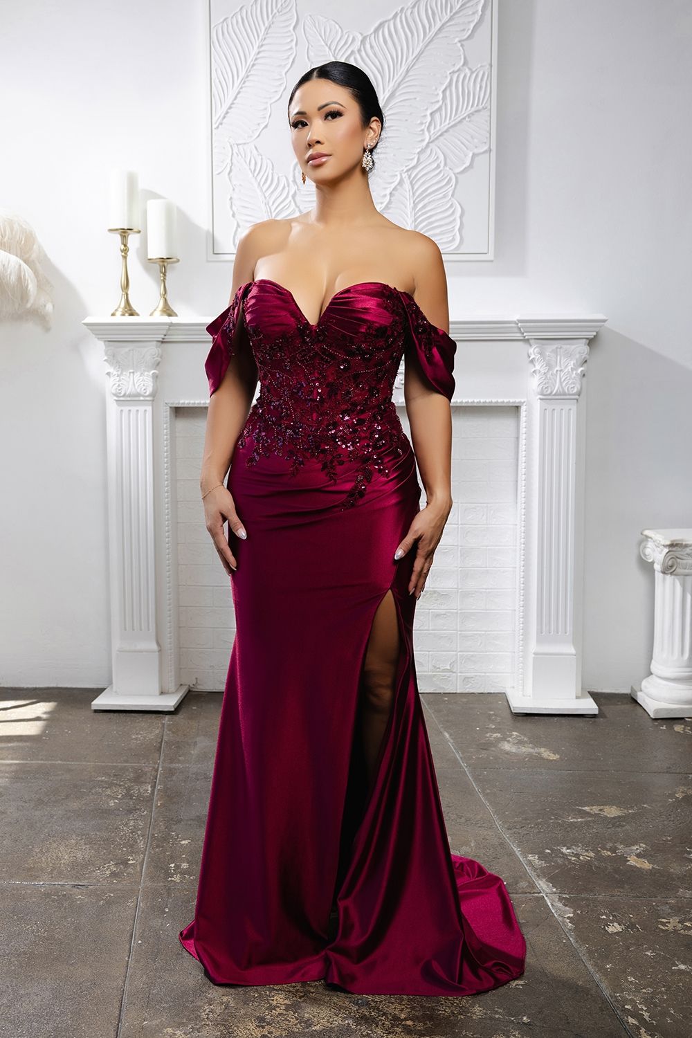 Off-the-Shoulder Floor-Length Satin Formal Sheath Column May Queen 2181