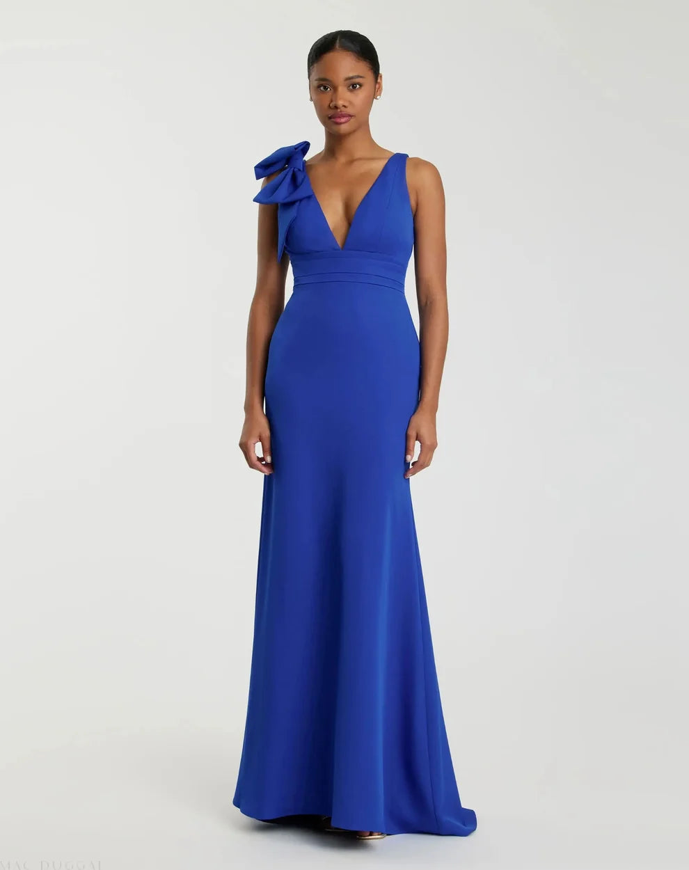 petite royal blue formal dress Mac Duggal Women's Sleeveless V Neck Bow Detail Mermaid Gown Traditional indian bridal lehenga near me