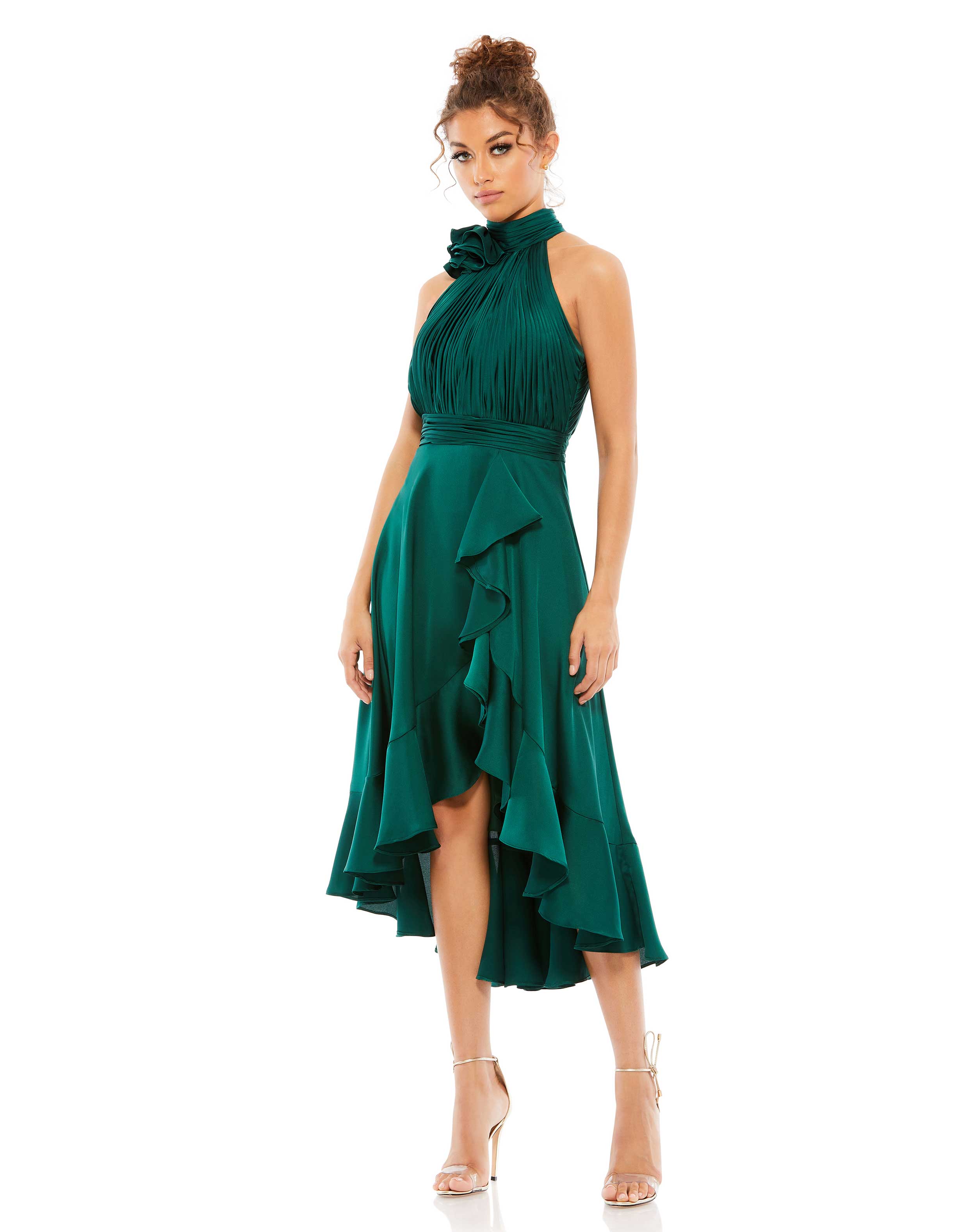 Mac Duggal - Green Halter Neck Flower Detail Ruffled Midi Dress - US 6 Mac Duggal - Green Halter Neck Flower Detail Ruffled Midi Dress - US 6