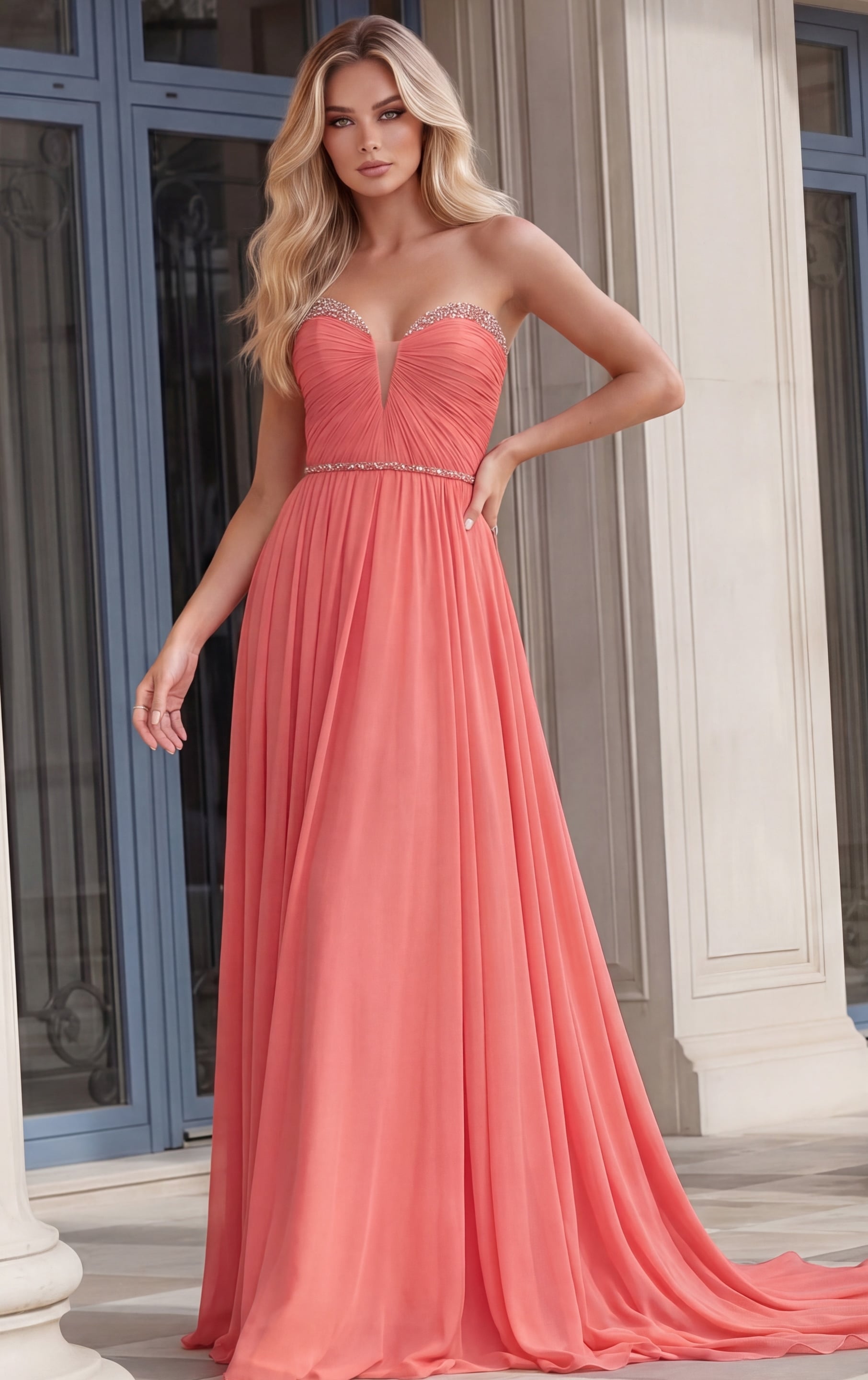 Strapless Curved Neck Floor-Length Chiffon Prom A-Line Jovani 49536