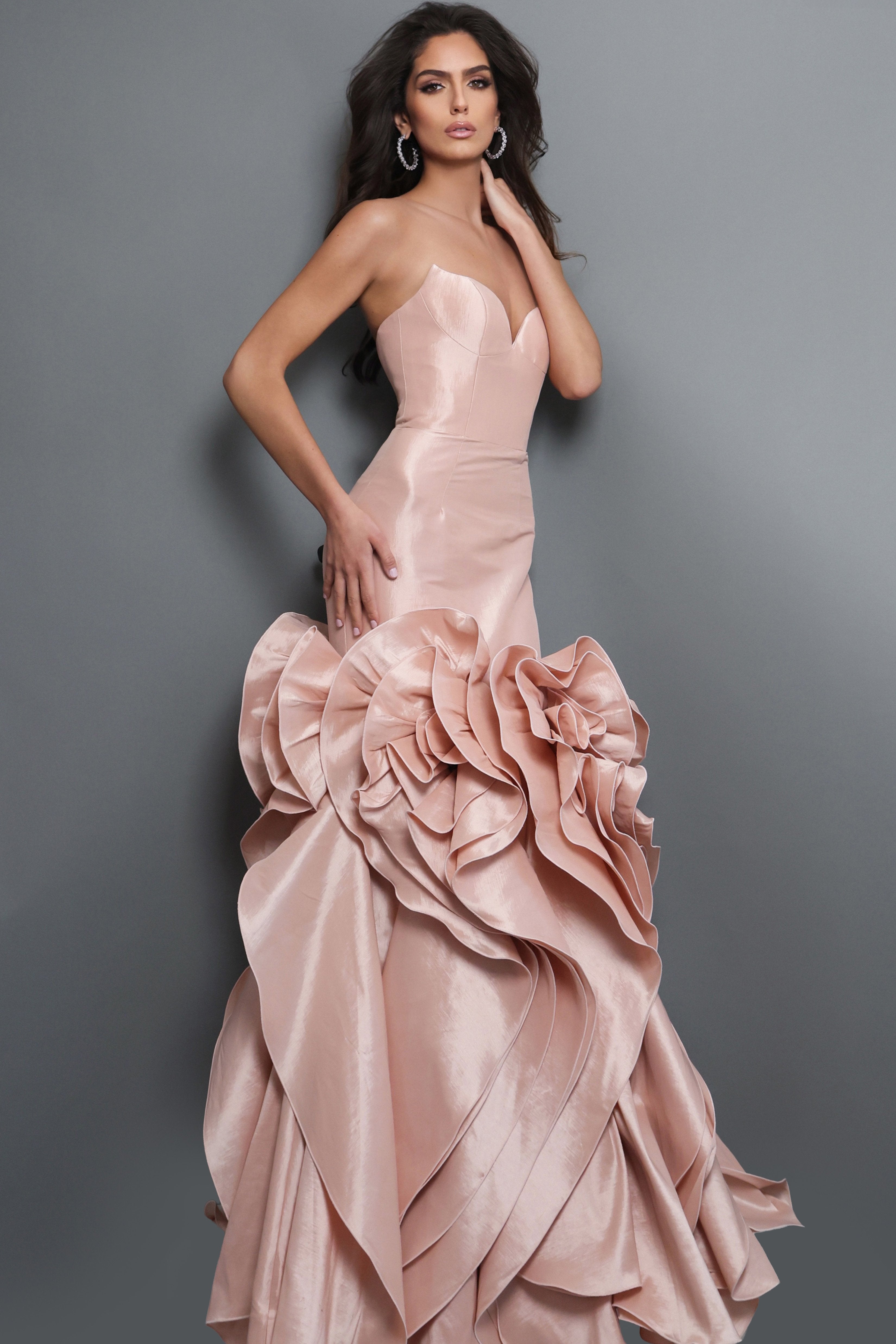Strapless Curved Neck Floor-Length Satin Evening Mermaid Jovani 49548