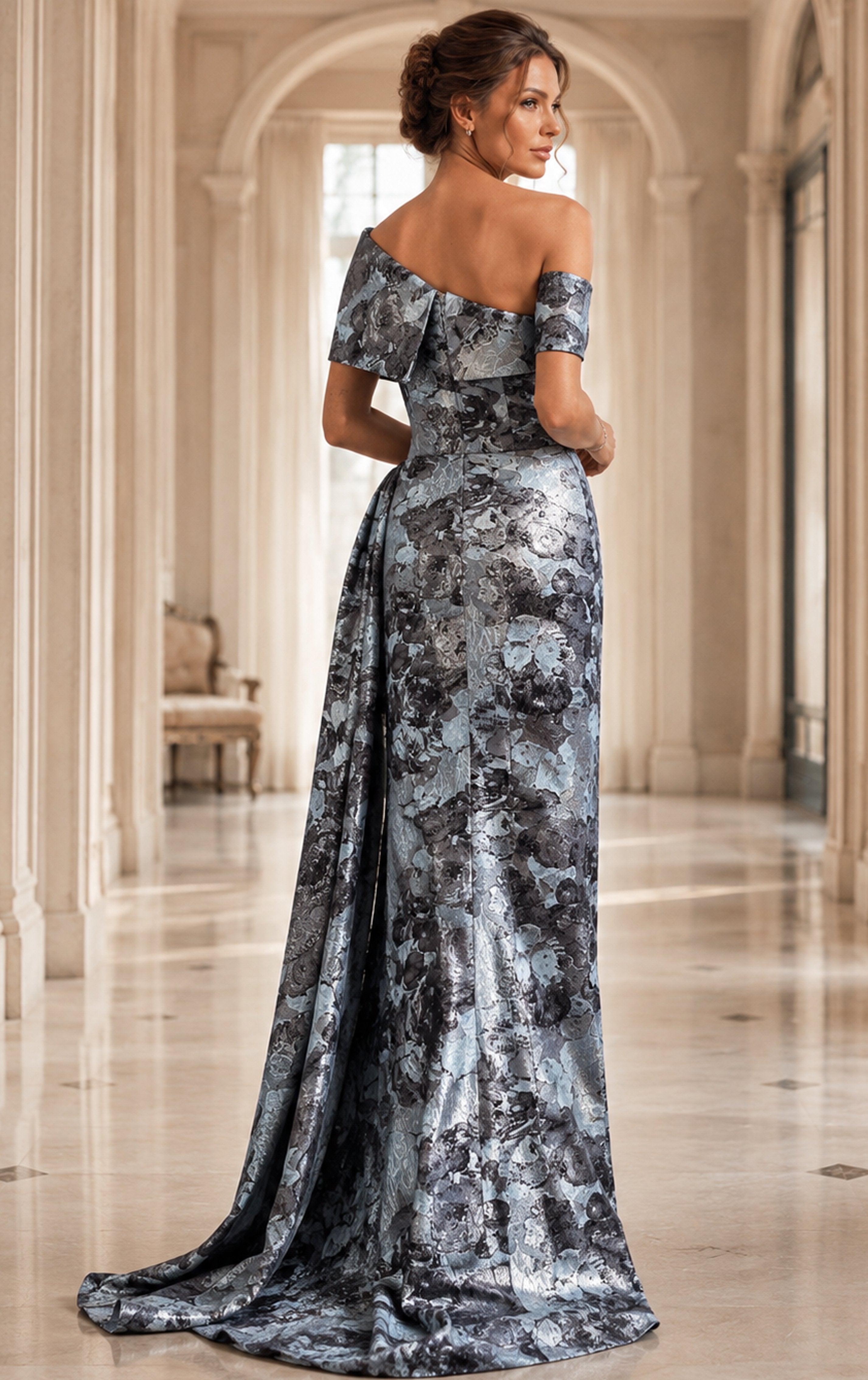 Off-the-Shoulder Floor-Length Satin Formal Sheath Jovani 49564