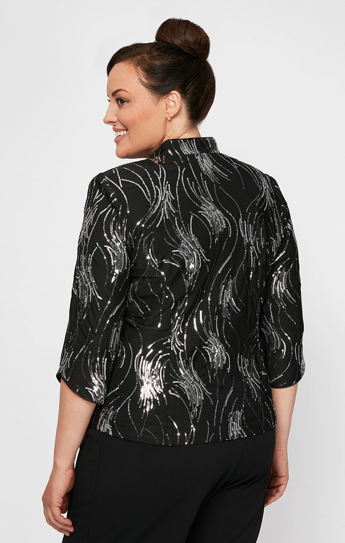 Black/Silver High-Neck Sequin Short Formal Jacket and Tank Top Set with Open Front Plus Size Alex Evenings 496043