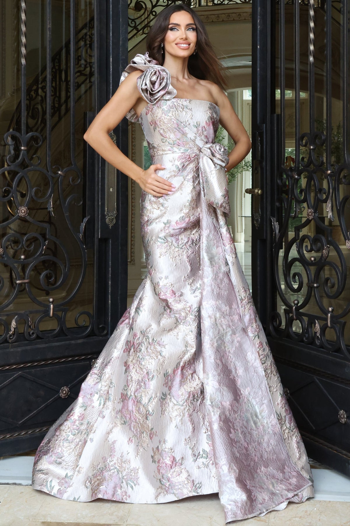 Jovani 49623 Blush Print floral jacquard mermaid gown