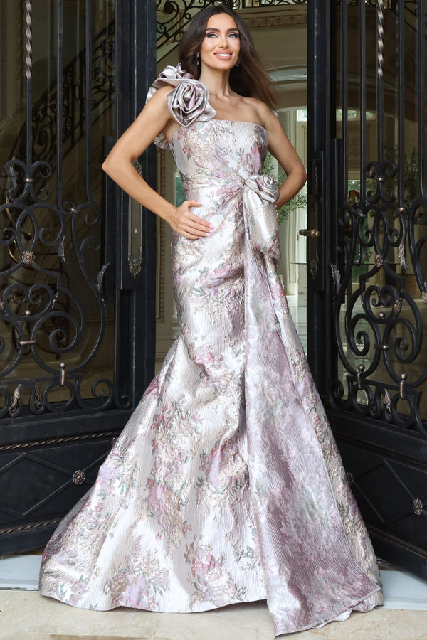 Floral Jacquard One Shoulder Mermaid Gown 49623
