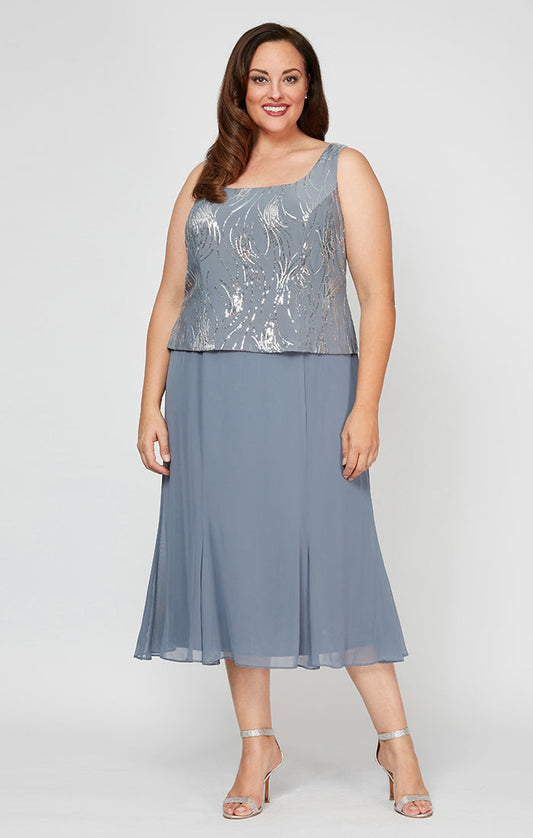 Plus Size Formal Dresses Short Plus Size Tea Length Mother of the Bride Sequin Jacket Dress Steel Blue