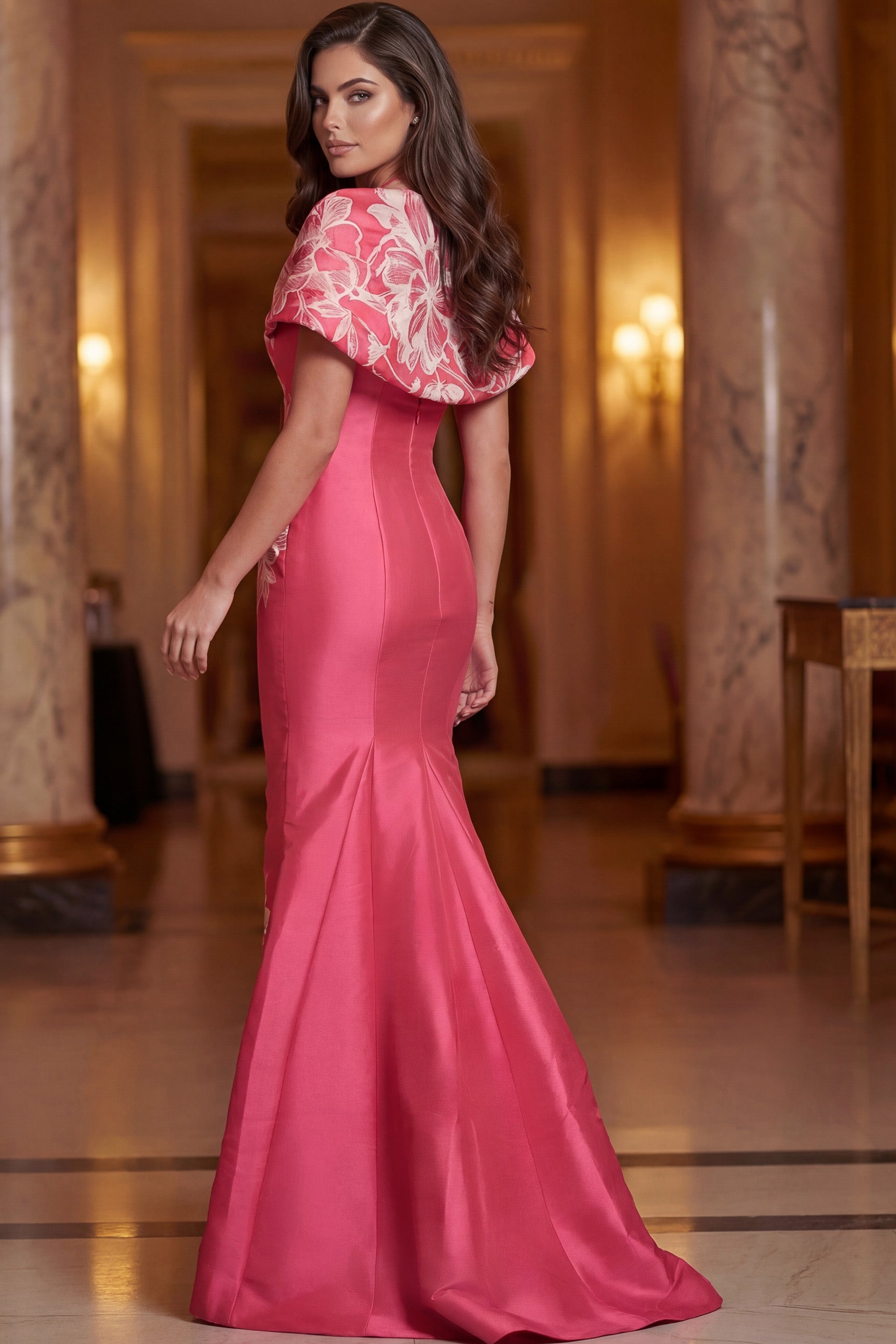 Fuchsia Off-the-Shoulder Floor-Length Embroidered Satin Mermaid Gown Jovani 49641