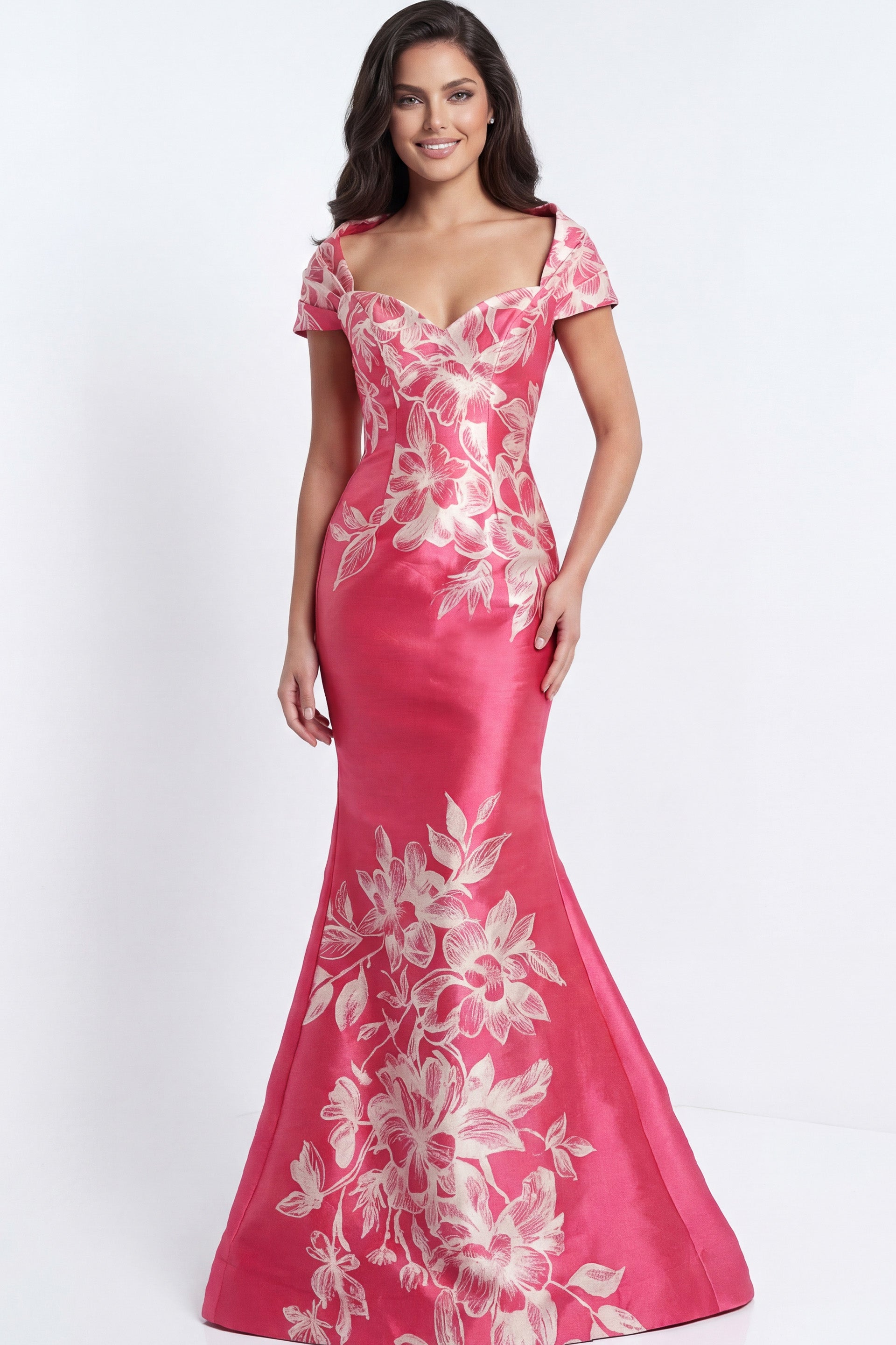 Fuchsia Off-the-Shoulder Floor-Length Embroidered Satin Mermaid Gown Jovani 49641