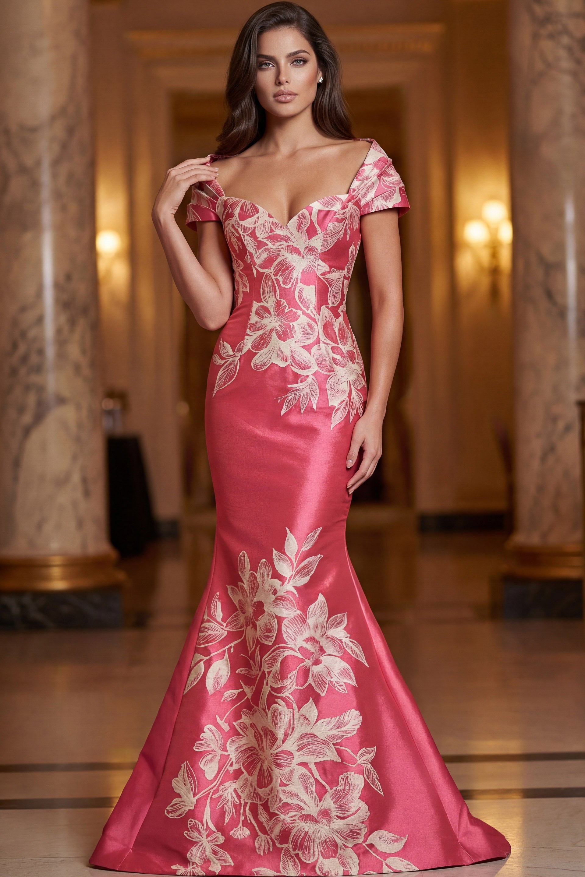 Fuchsia Off-the-Shoulder Floor-Length Embroidered Satin Mermaid Gown Jovani 49641