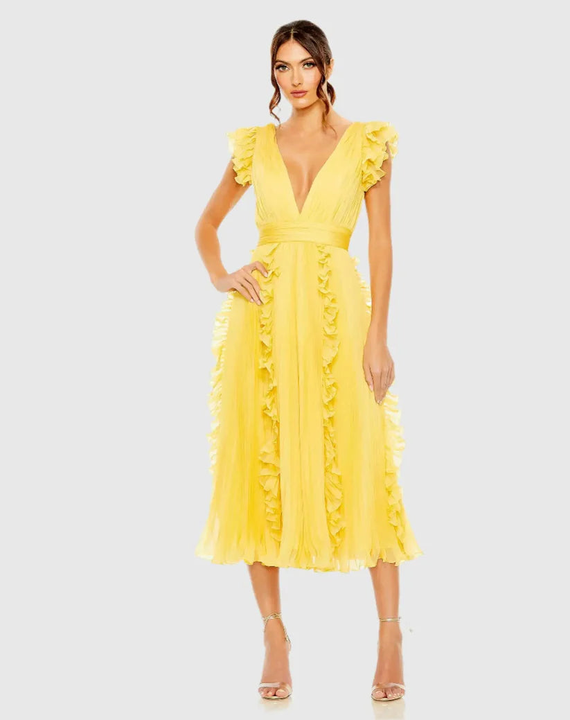 Cocktail Dresses Short Pleated Ruffle Cocktail Midi Dress Butter