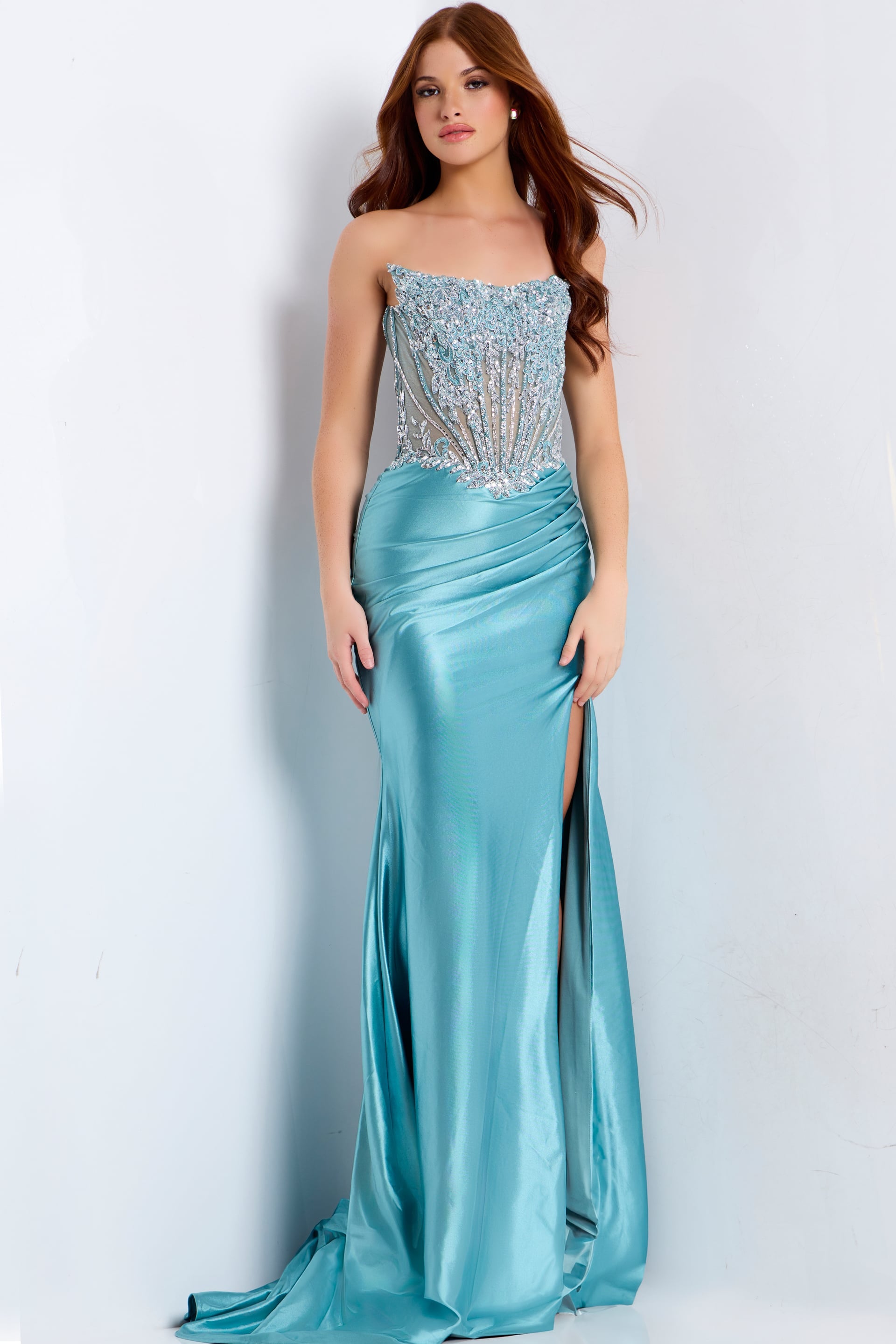 Teal Strapless Floor-Length Satin Prom Gown with Beaded Illusion Corset Formal Dress Jovani 49721