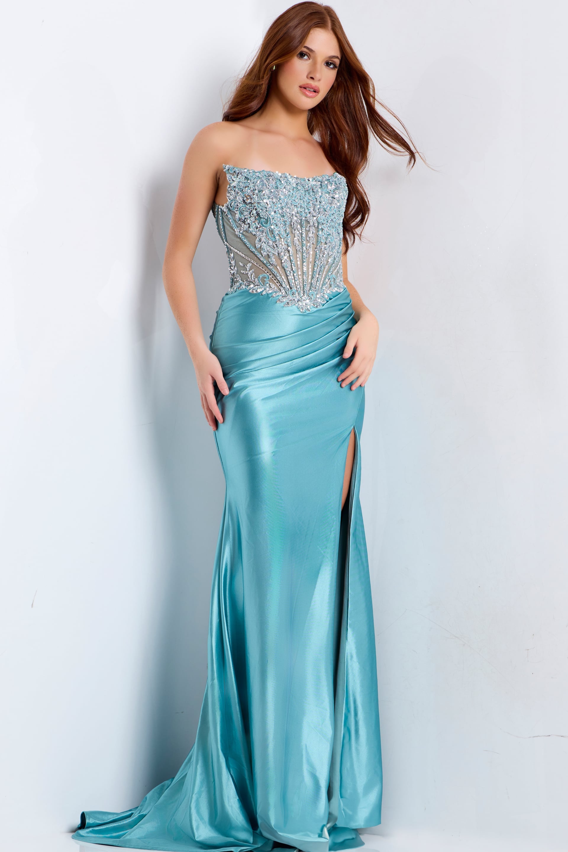 Teal Strapless Floor-Length Satin Prom Gown with Beaded Illusion Corset Formal Dress Jovani 49721