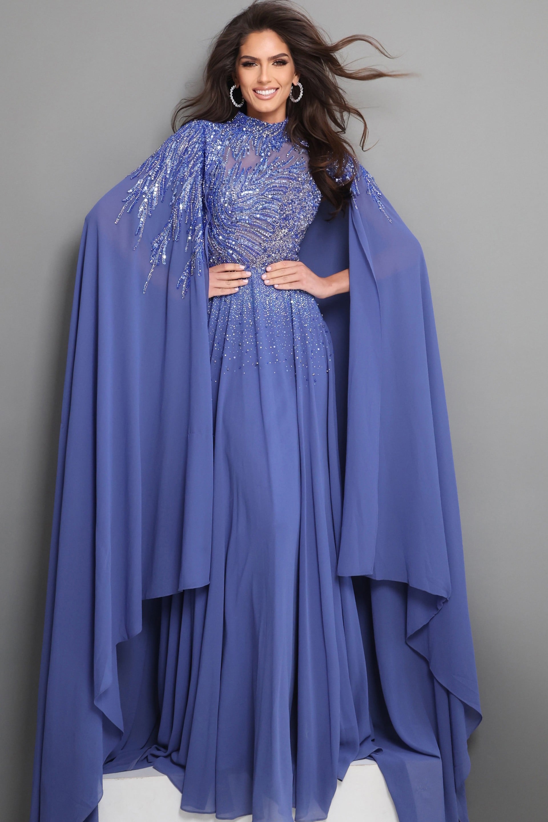 Crew/High-Neck Floor-Length Chiffon Formal A-Line Jovani 49742