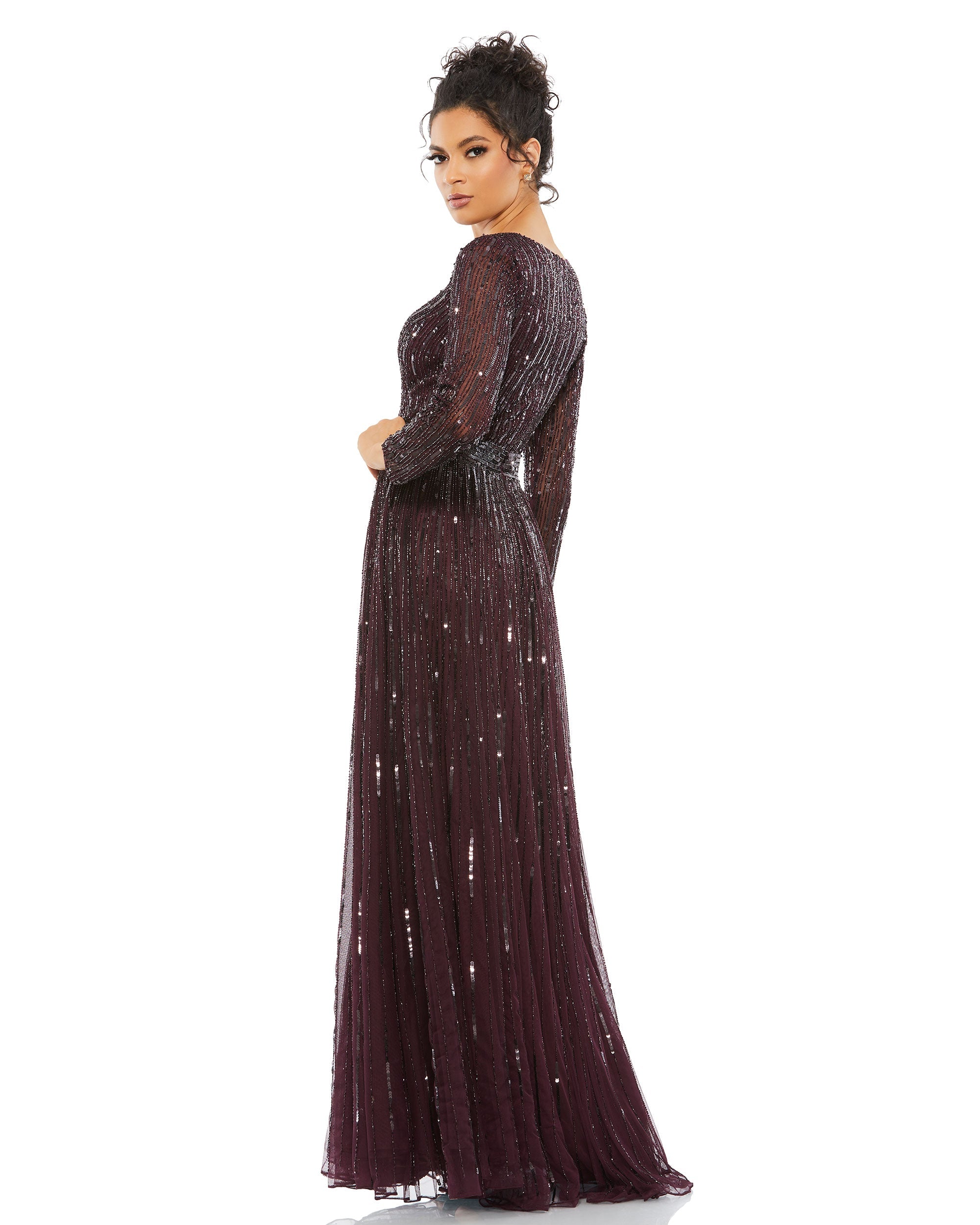 Women's MAC Duggal Long Sleeve Sequin & Bead Stripe Gown, Size 6 - Taupe