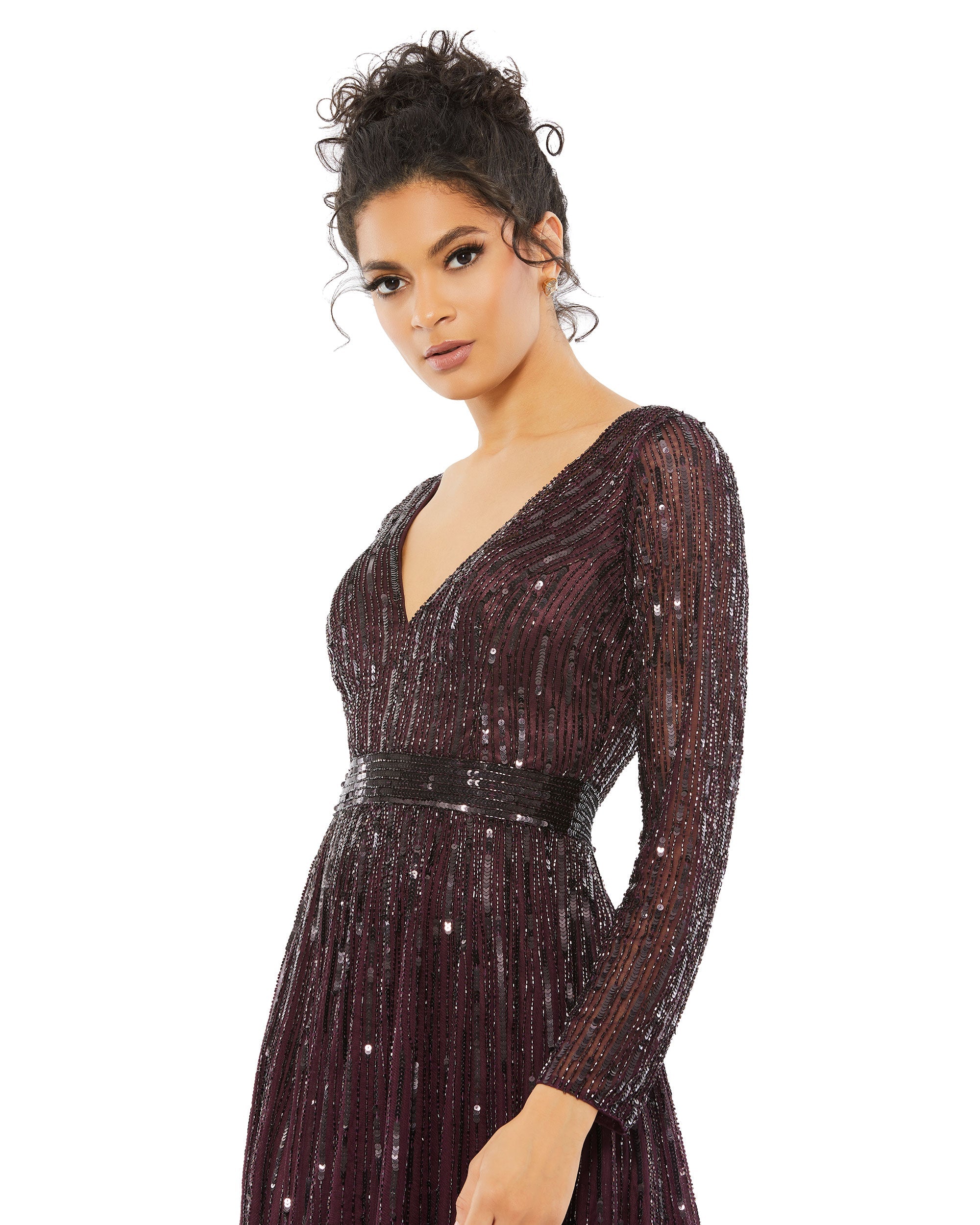 Women's MAC Duggal Long Sleeve Sequin & Bead Stripe Gown, Size 6