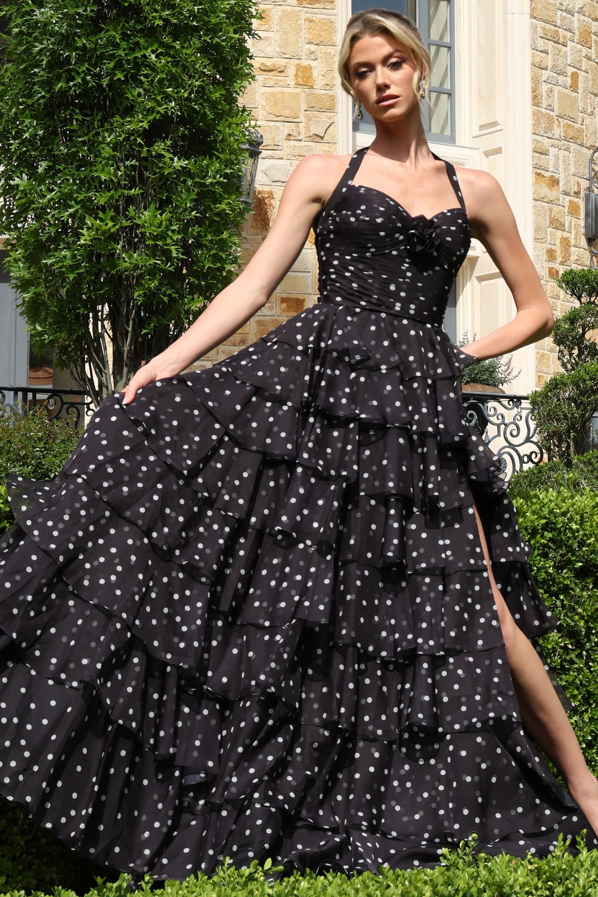 Prom Dresses Ruffle A Line Long Formal Fitted Evening Prom Dress Black/White