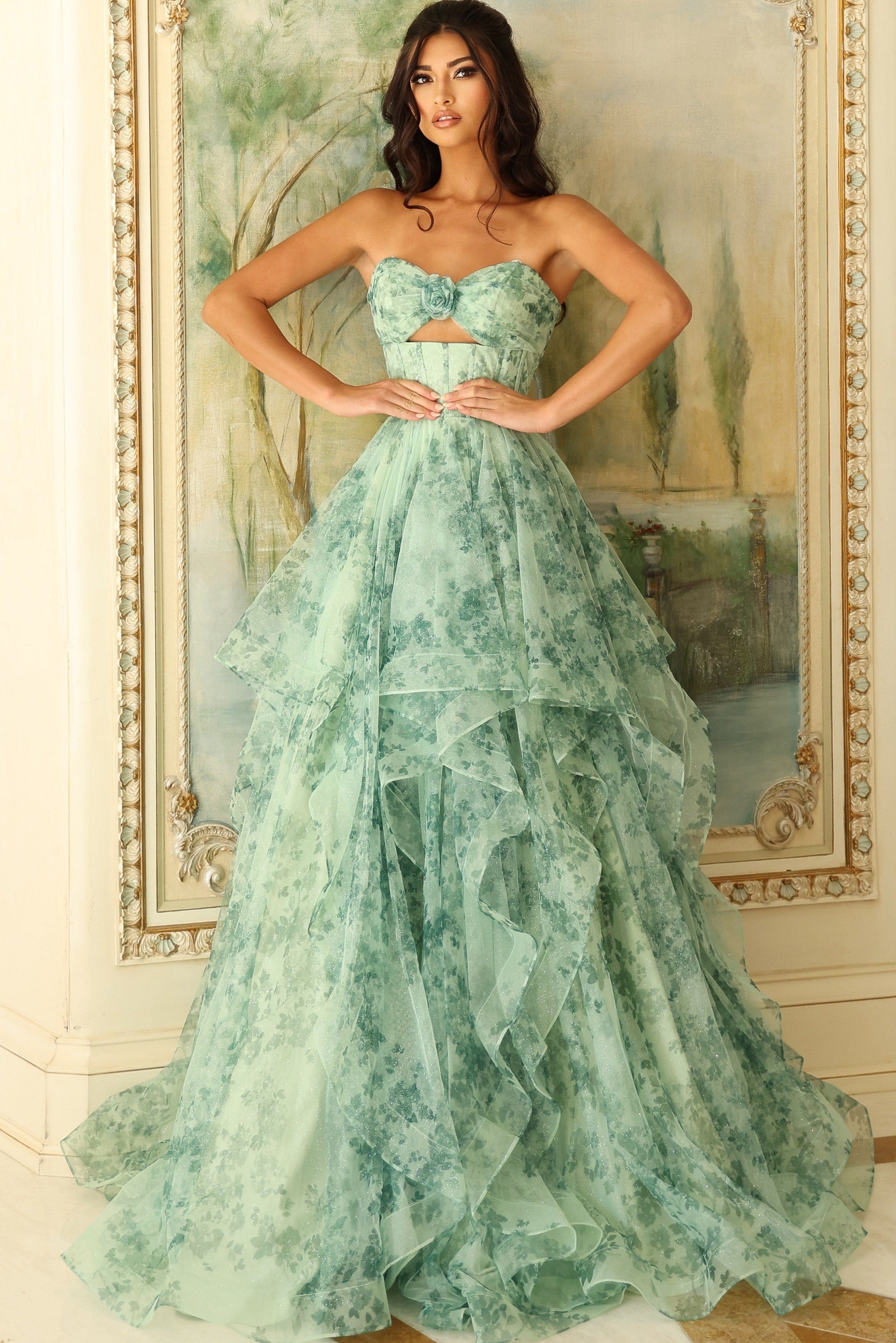 Prom Dresses Long Formal Ruffle Floral Print Prom Dress Green/Print