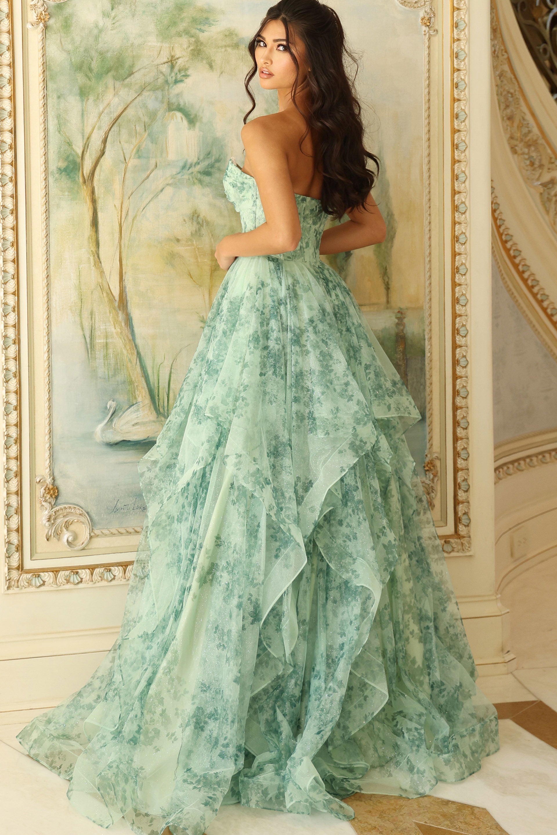 Prom Dresses Long Formal Ruffle Floral Print Prom Dress Green/Print