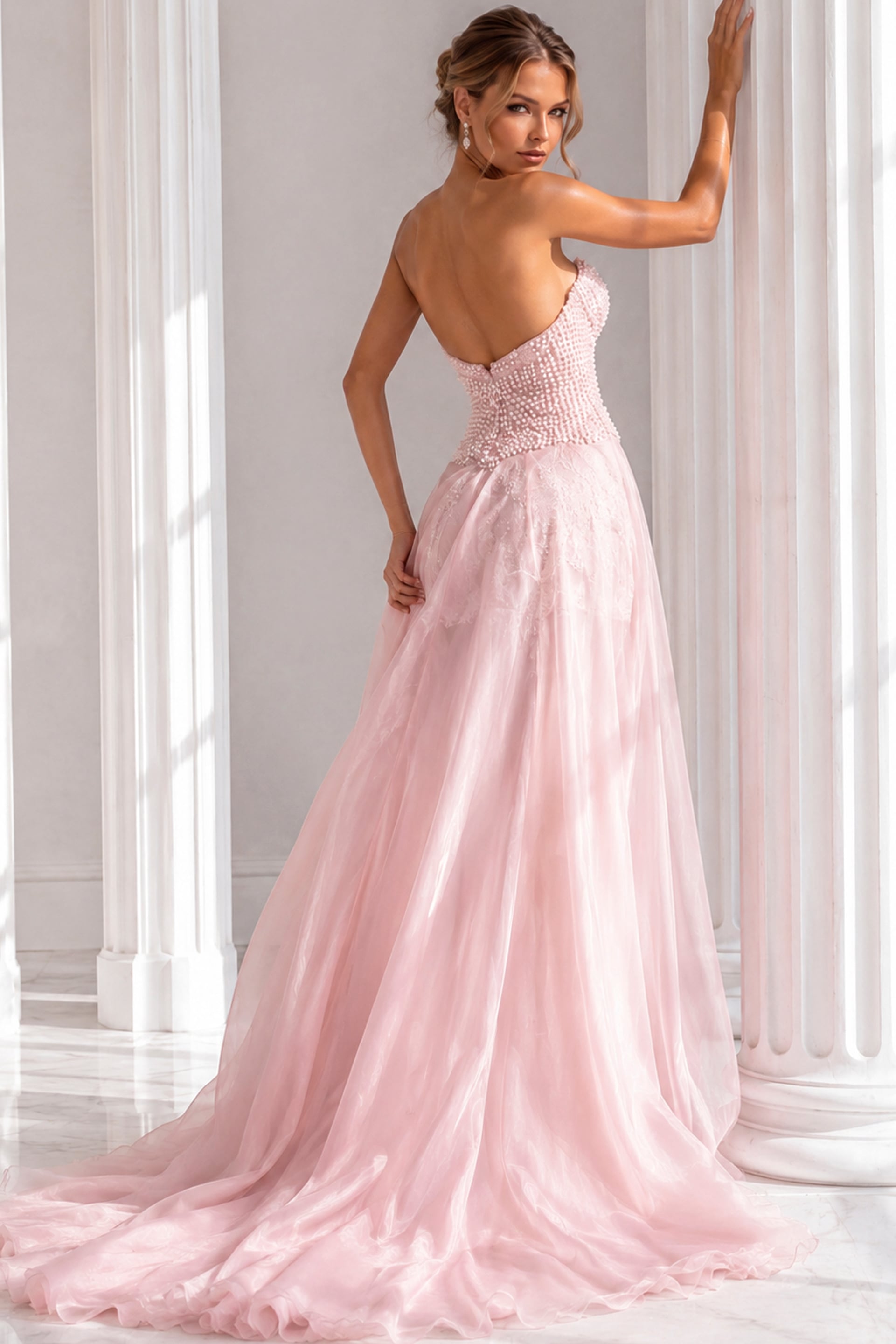 Blush Sweetheart Floor-Length Tulle Prom Dress Beaded Corset Overskirt Gown Jovani 49822