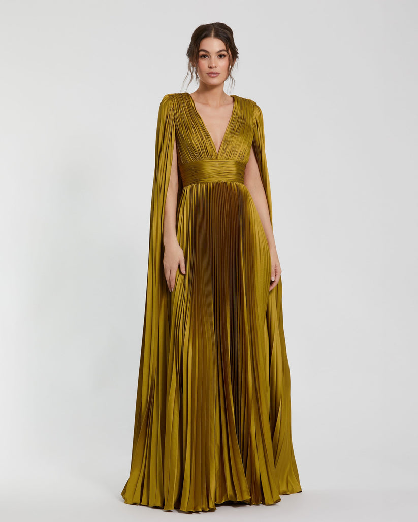 Mac Duggal 49872 Pleated Long A Line Formal Cape Sleeve Dress