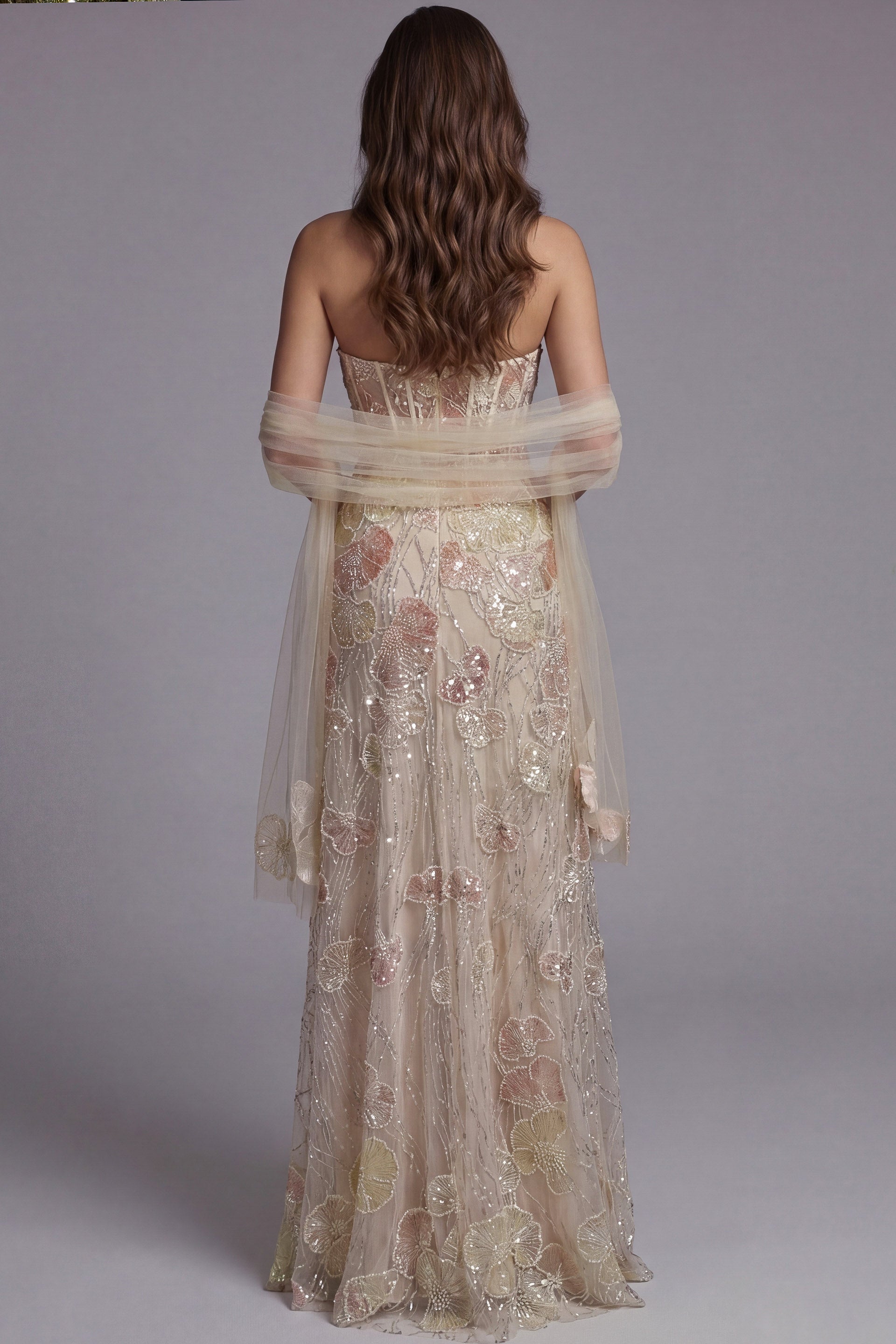 Peach Multi trapless Floor-Length Embroidered Tulle Prom Dress with Floral Accents and Matching Shawl Jovani 49882