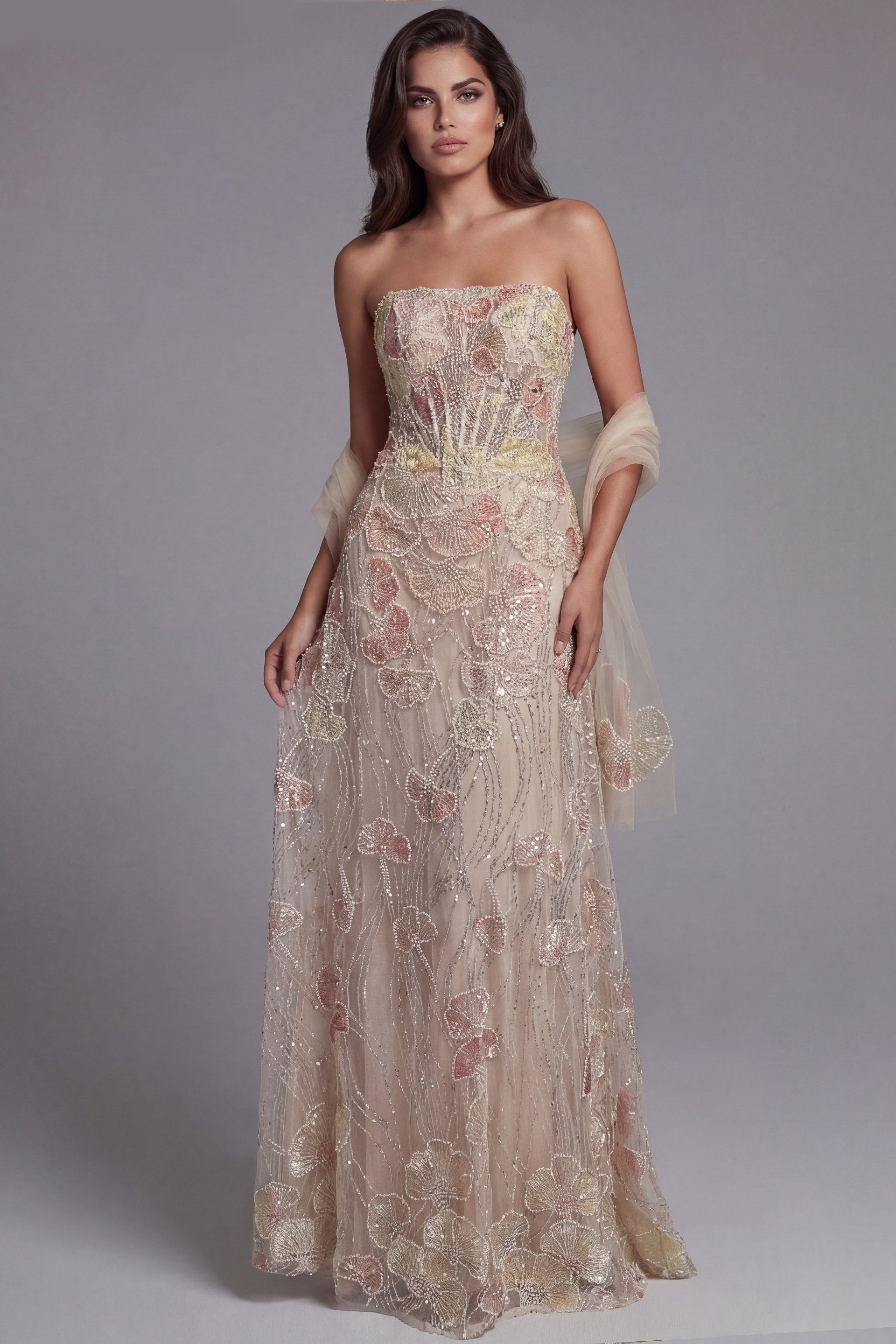 Peach Multi trapless Floor-Length Embroidered Tulle Prom Dress with Floral Accents and Matching Shawl Jovani 49882