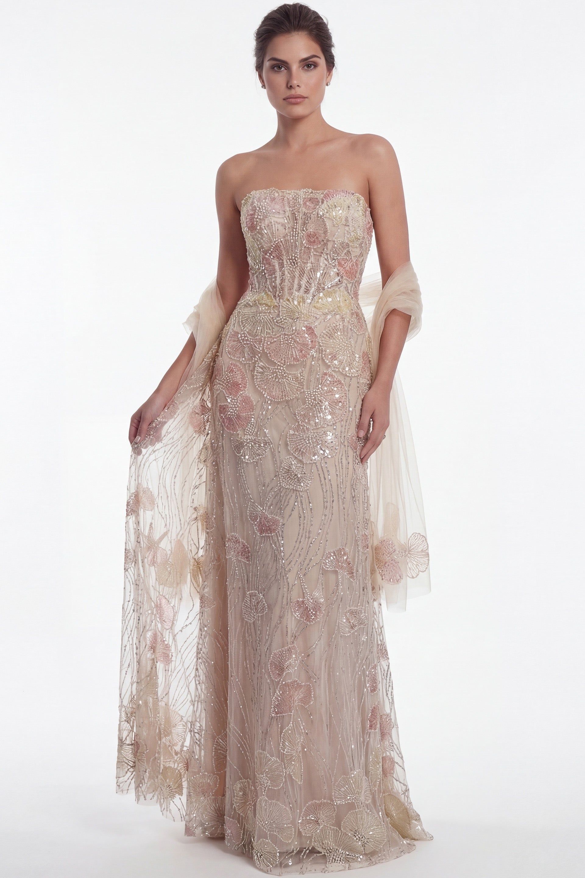 Peach Multi trapless Floor-Length Embroidered Tulle Prom Dress with Floral Accents and Matching Shawl Jovani 49882