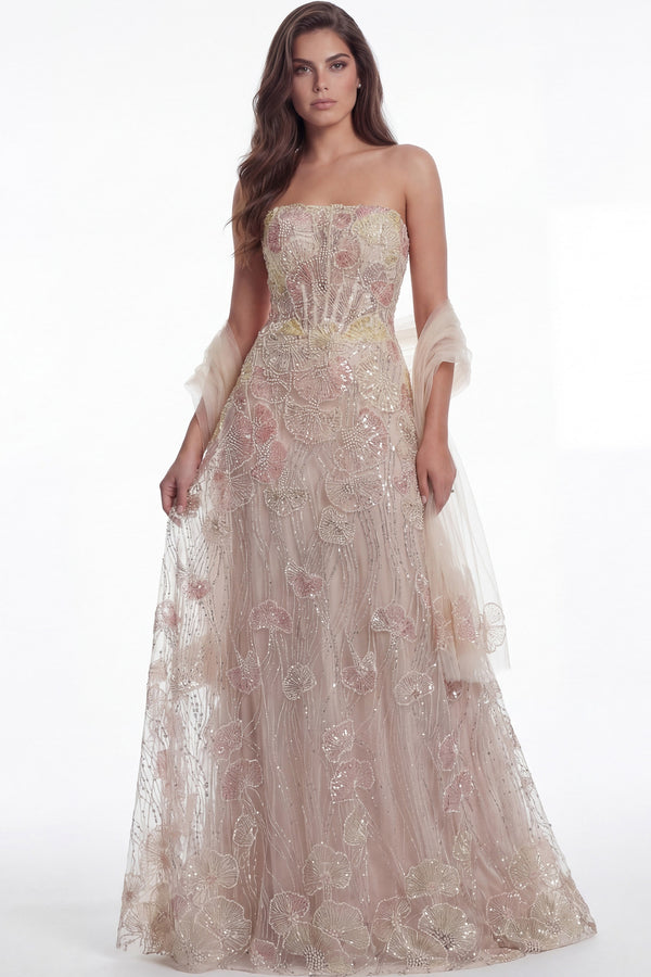 Strapless Floor-Length Embroidered Tulle Prom Dress with Floral Accents and Matching Shawl Jovani 49882