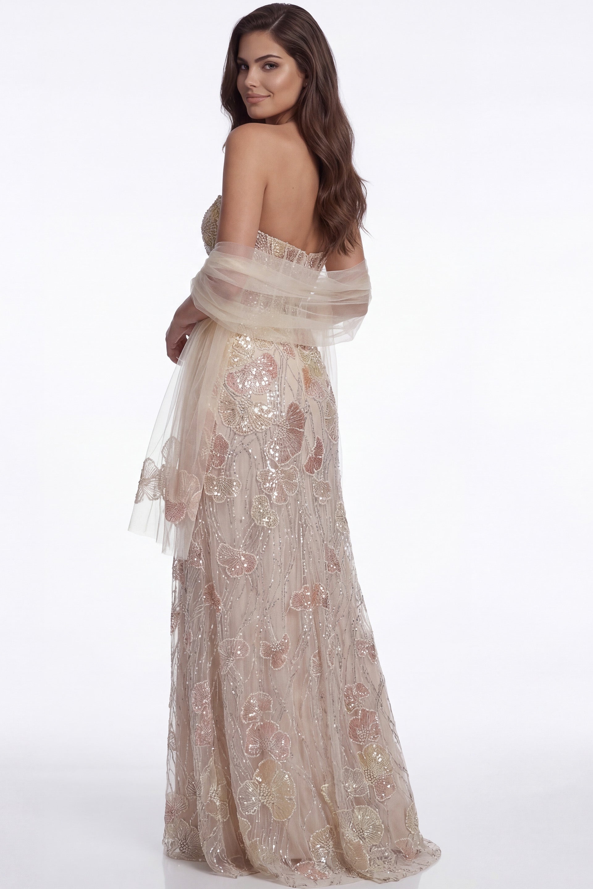 Peach Multi trapless Floor-Length Embroidered Tulle Prom Dress with Floral Accents and Matching Shawl Jovani 49882