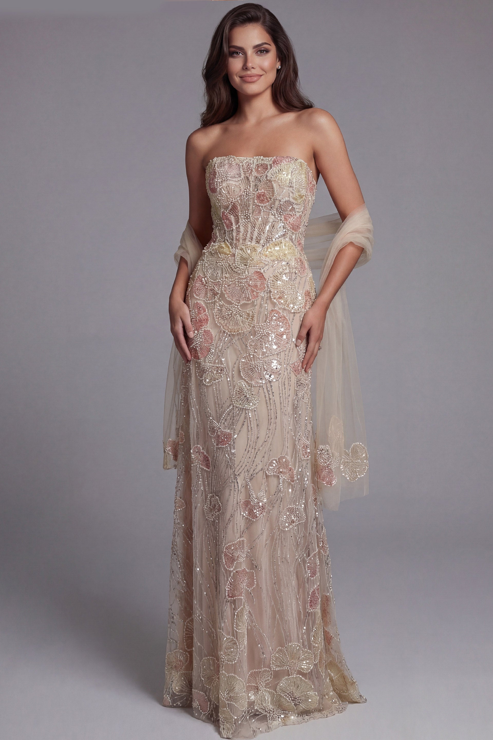 Peach Multi trapless Floor-Length Embroidered Tulle Prom Dress with Floral Accents and Matching Shawl Jovani 49882