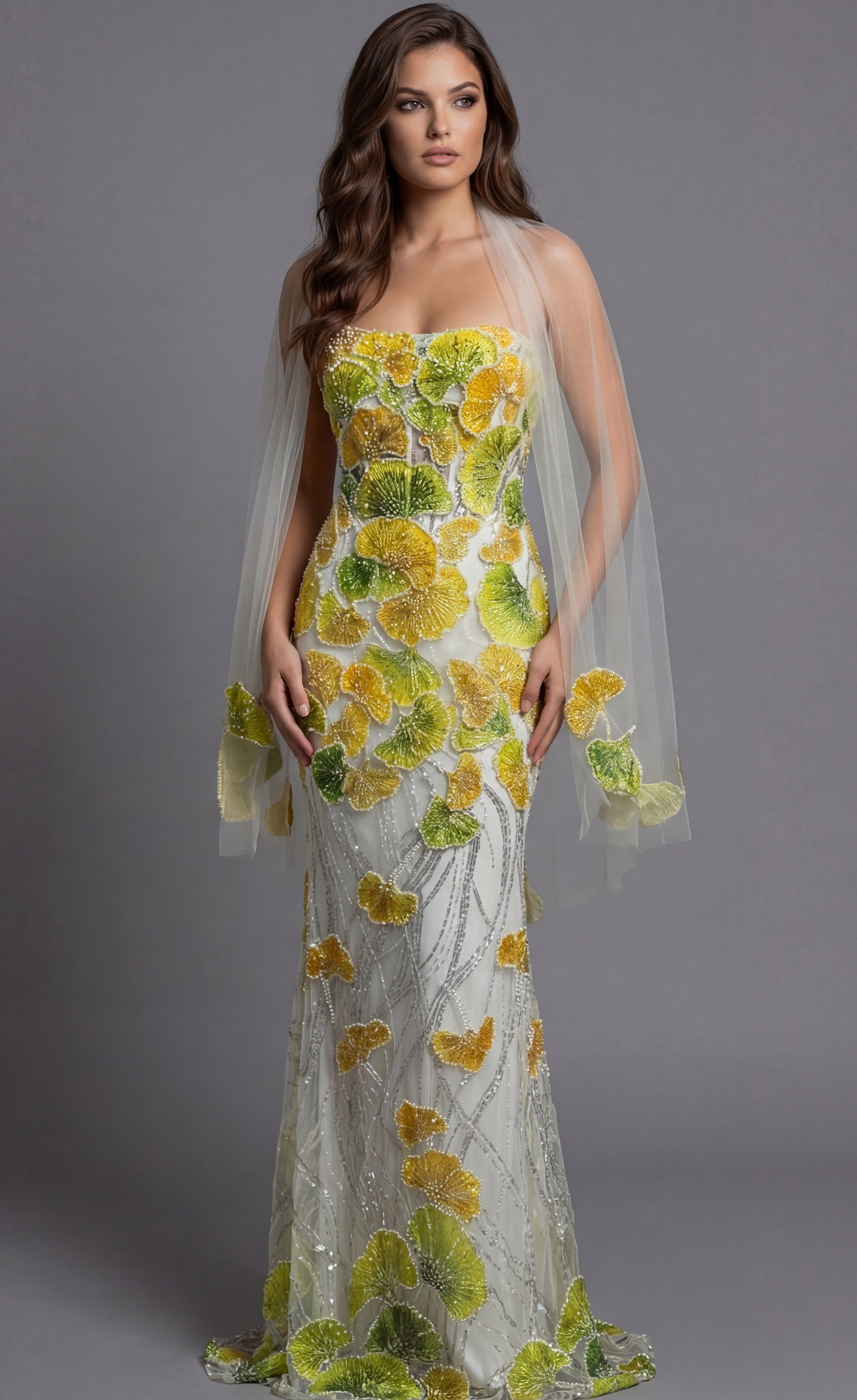 Yellow/Multi Illusion Jewel Neck Floor-Length Embroidered Tulle Mermaid Prom Gown with Sheer Cape Sleeves Jovani 49884
