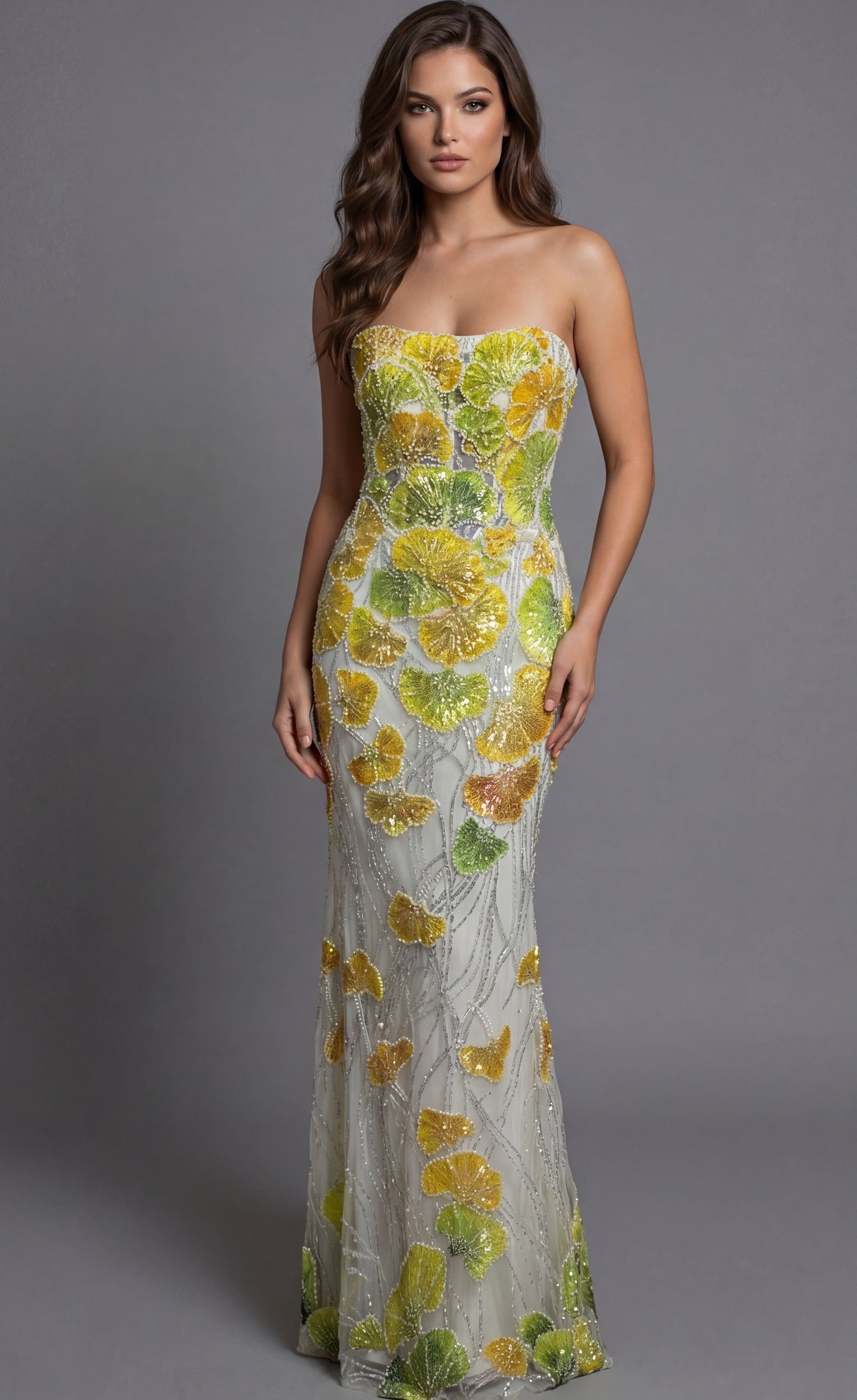 Yellow/Multi Illusion Jewel Neck Floor-Length Embroidered Tulle Mermaid Prom Gown with Sheer Cape Sleeves Jovani 49884