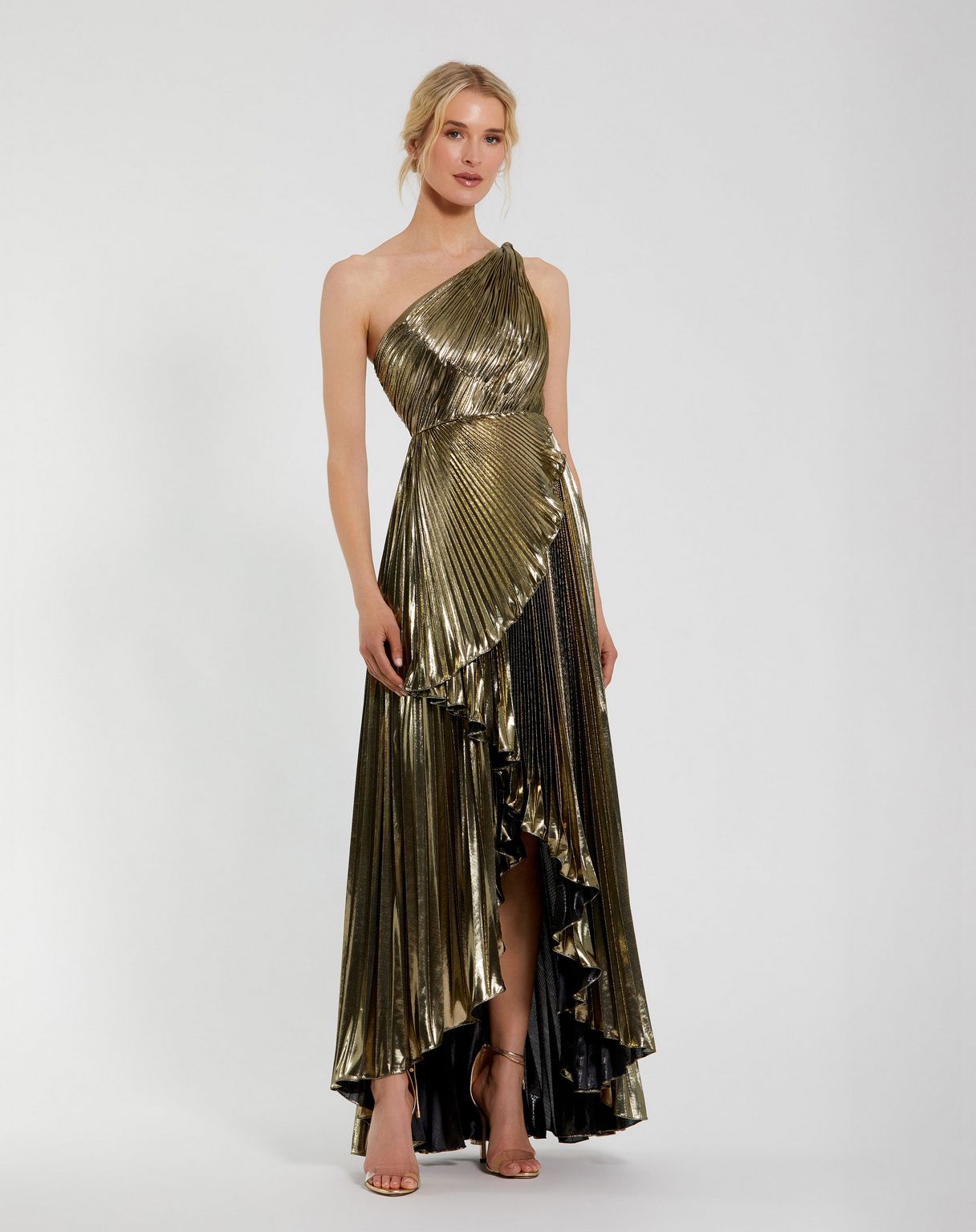 Mac Duggal 49910 Pleated Metallic High Low Prom Formal Dress