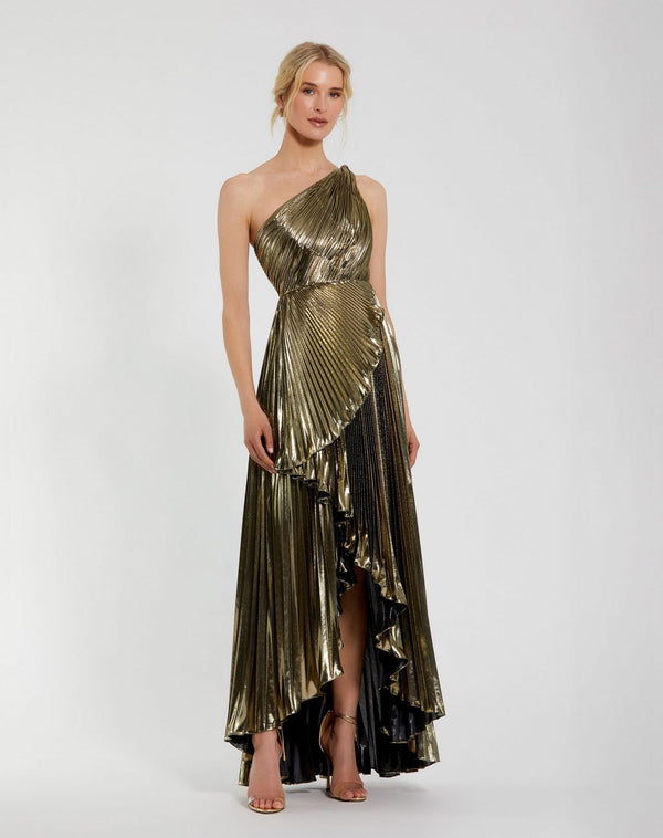 Pleated Metallic Dress High Low Prom Mac Duggal 49910