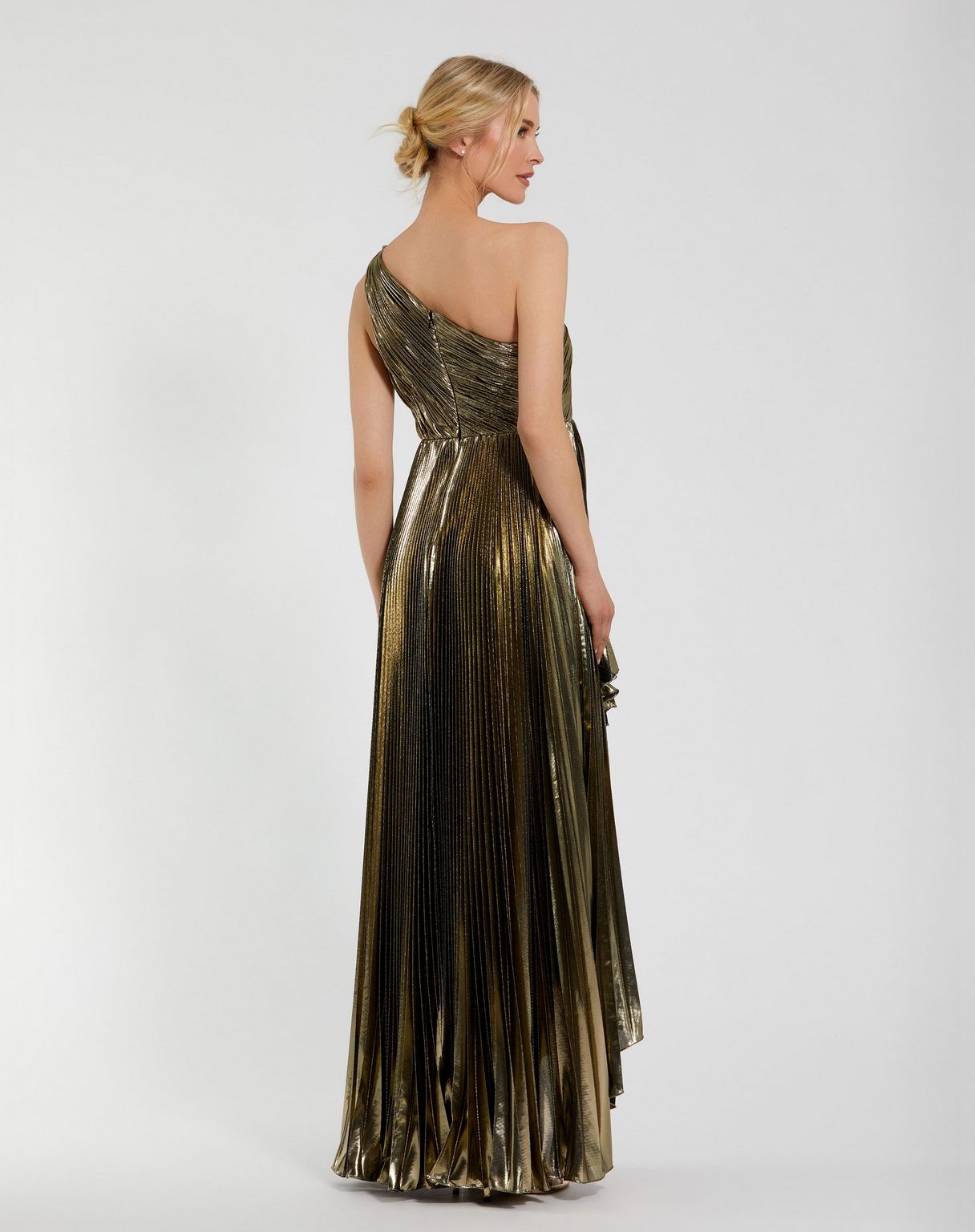 Mac Duggal 49910 Pleated Metallic High Low Prom Formal Dress