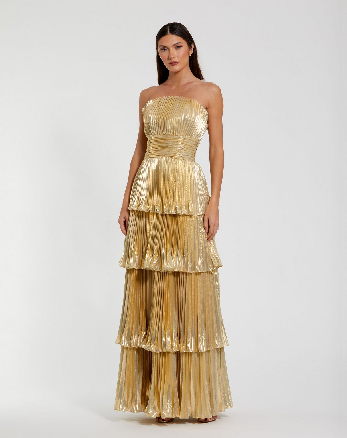 Mac Duggal 49911 Long Pleated Formal Metallic Prom Dress