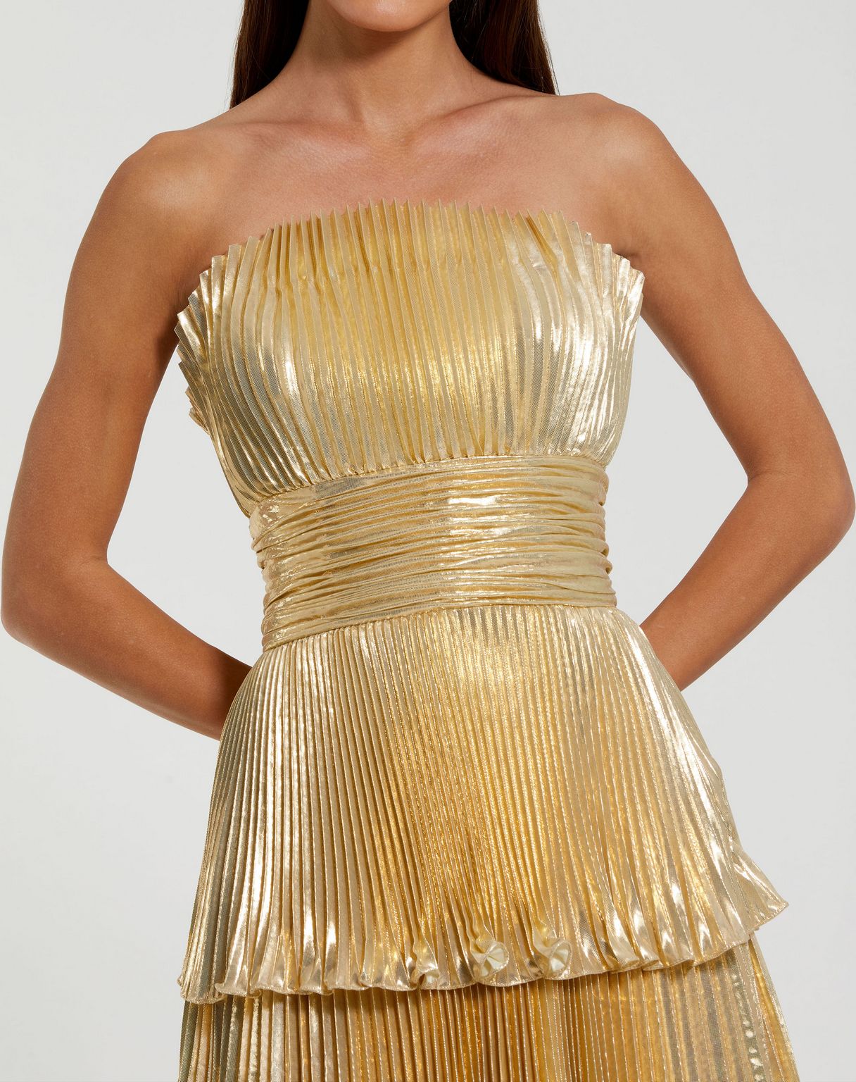 Mac Duggal 49911 Long Pleated Formal Metallic Prom Dress