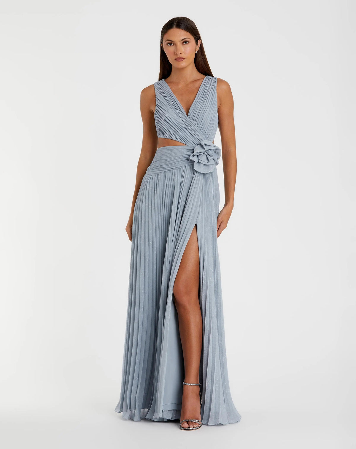Pleated 3D Flower Dress Long Formal Prom Mac Duggal 49938 Slate Blue front view